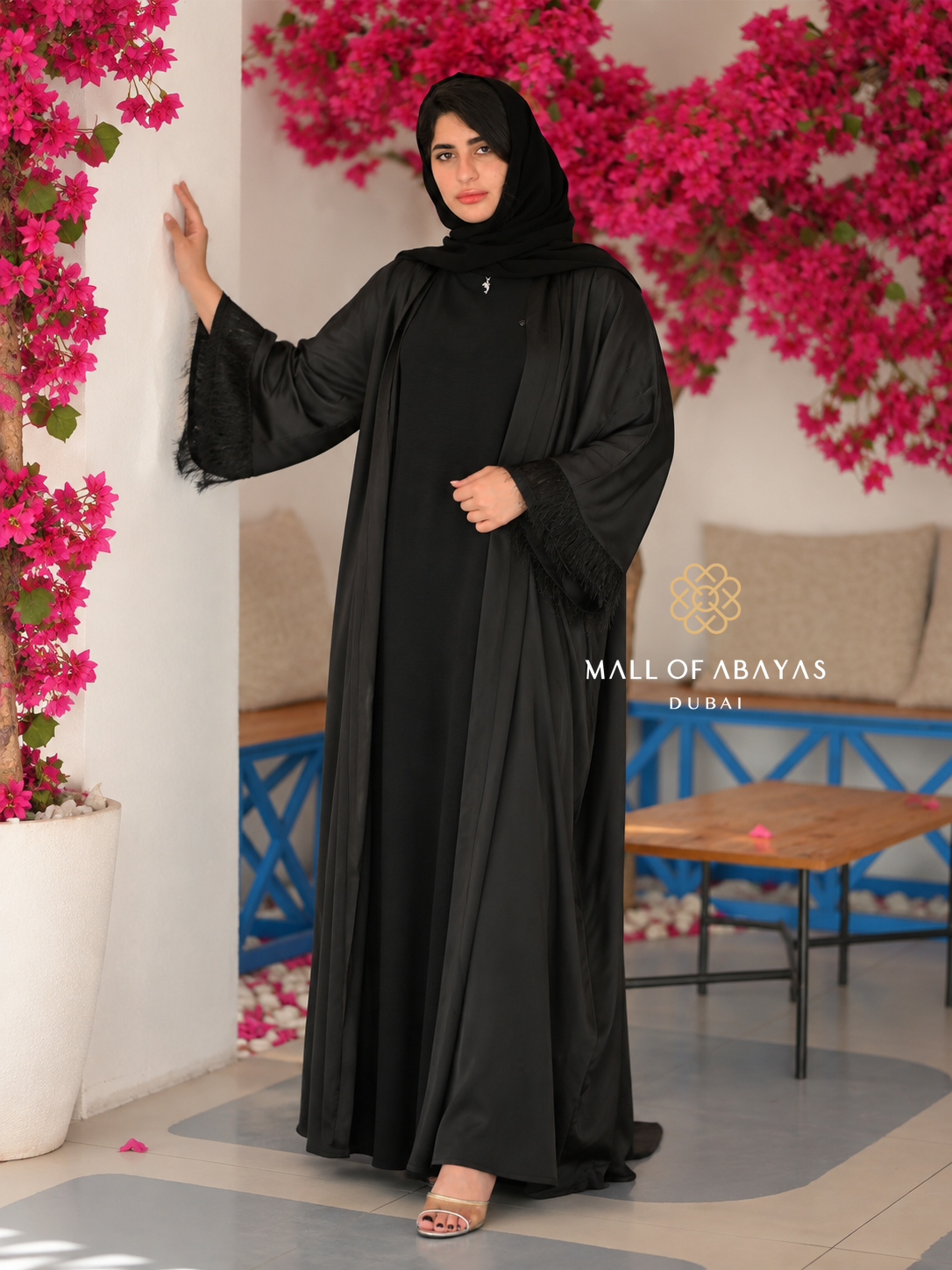 Noir Feather Cuff Layered Abaya – Black - 092613