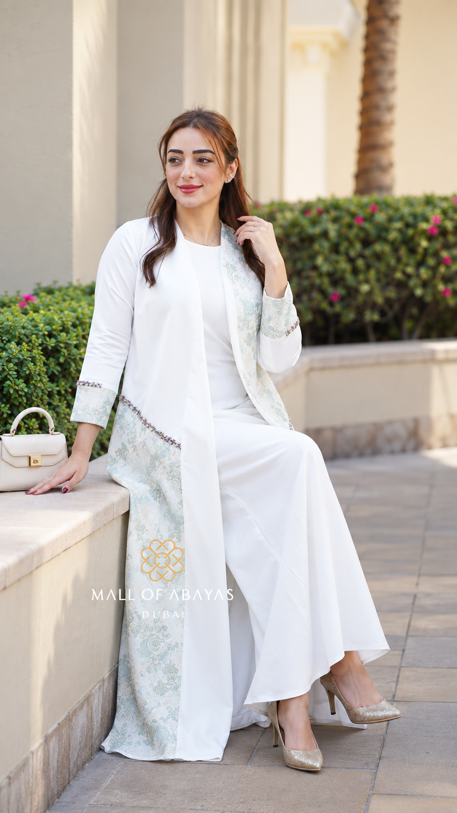 Ivory Blue Floral Panel Abaya - 092655