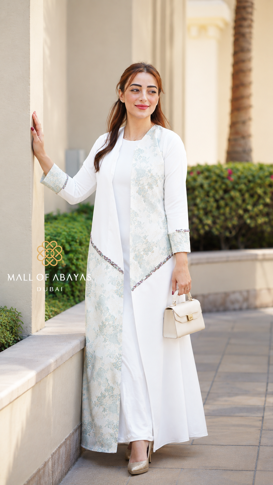 Ivory Blue Floral Panel Abaya - 092655