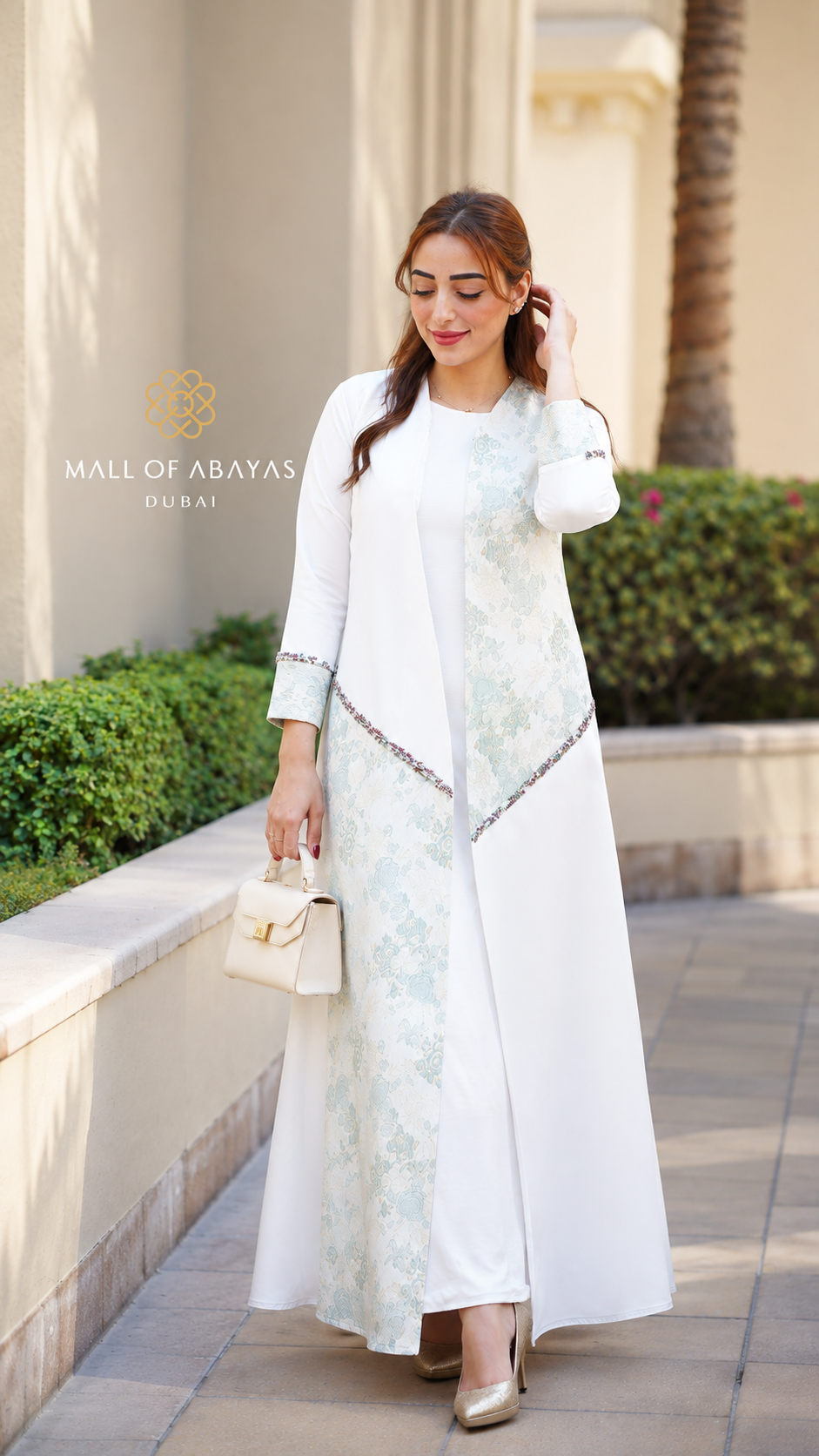 Ivory Blue Floral Panel Abaya - 092655