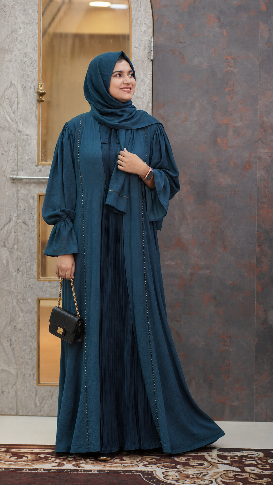 Midnight Teal Pleated Abaya Set with Matching Hijab - 092696