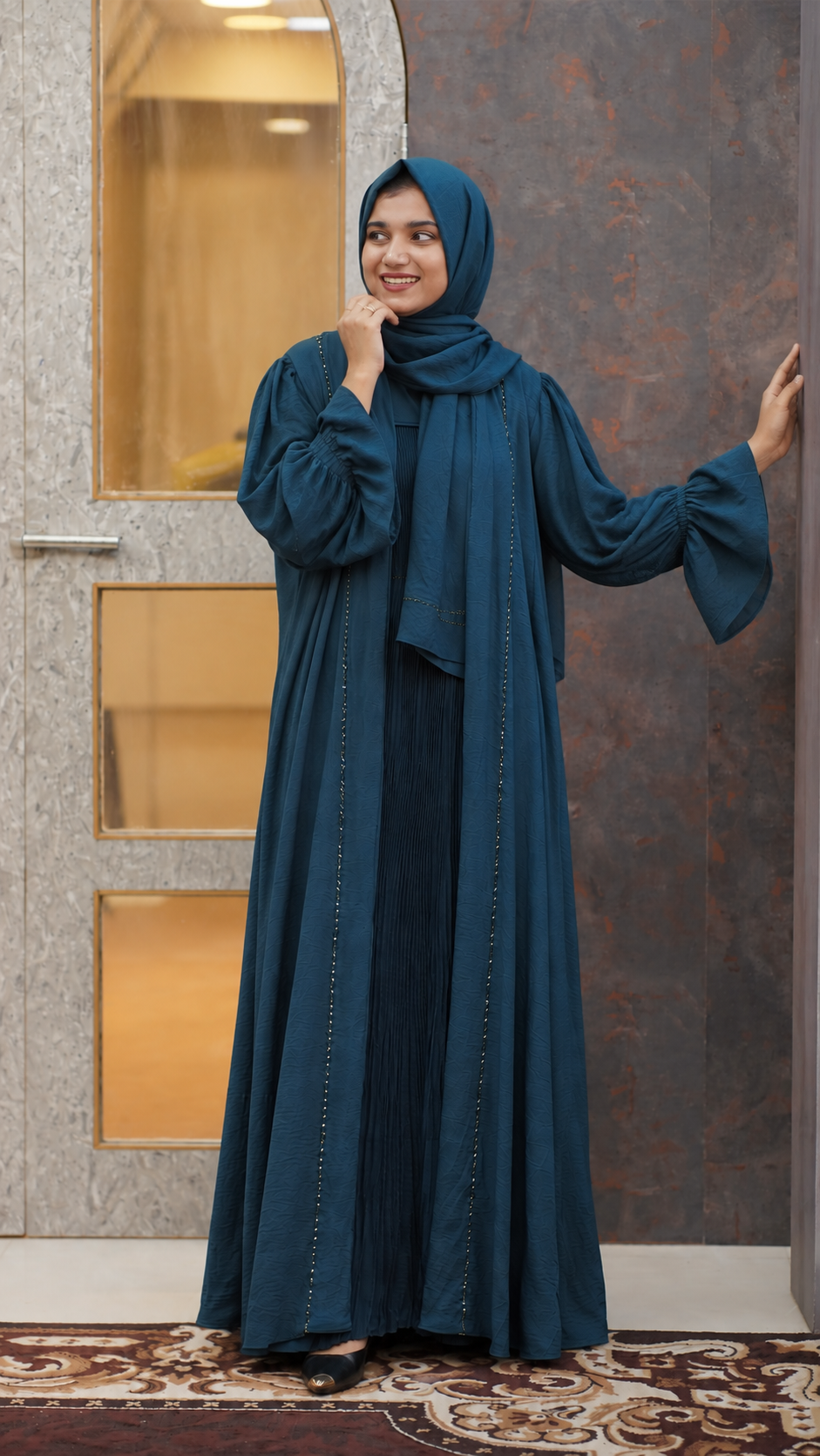 Midnight Teal Pleated Abaya Set with Matching Hijab - 092696