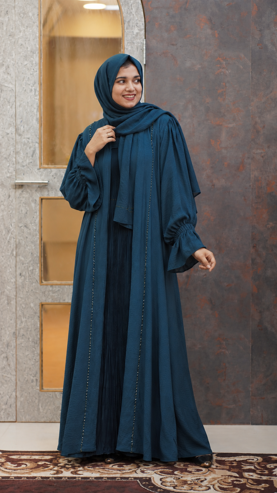 Midnight Teal Pleated Abaya Set with Matching Hijab - 092696