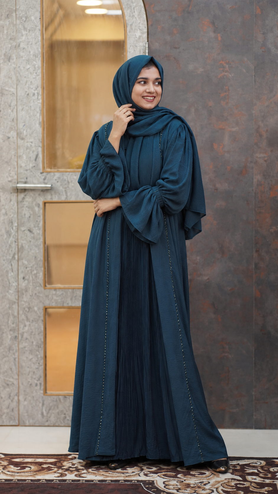 Midnight Teal Pleated Abaya Set with Matching Hijab - 092696