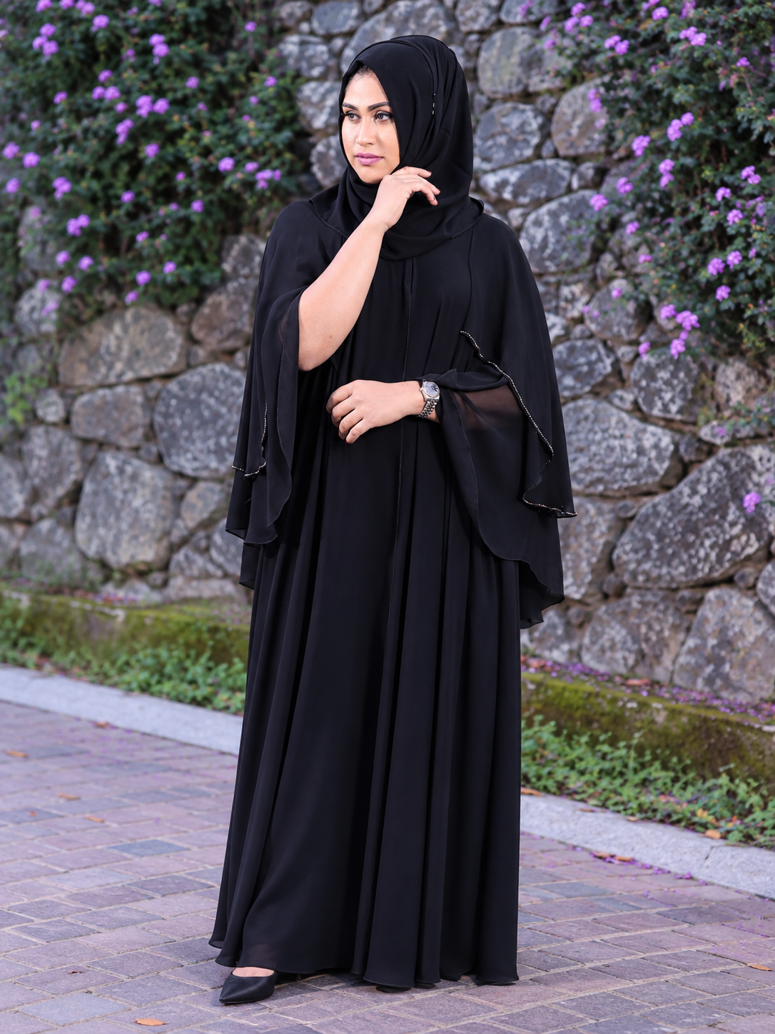 Black Layered Butterfly Sleeve Abaya - 0926134