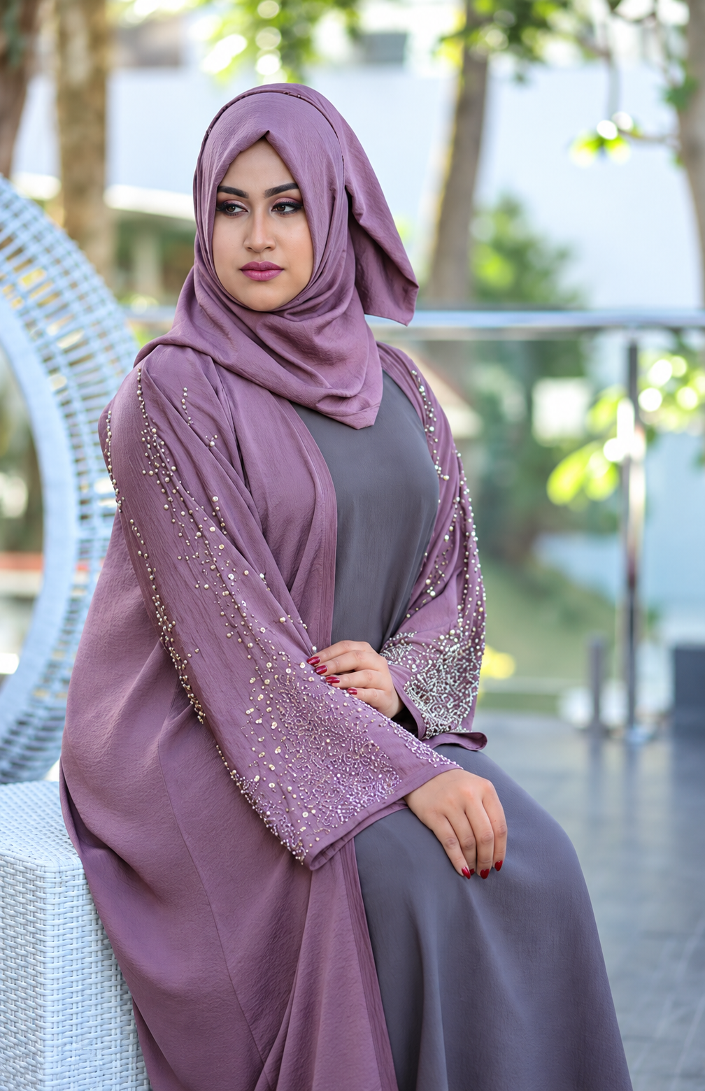 Dusty Mauve Embellished Open Abaya Set -0926137