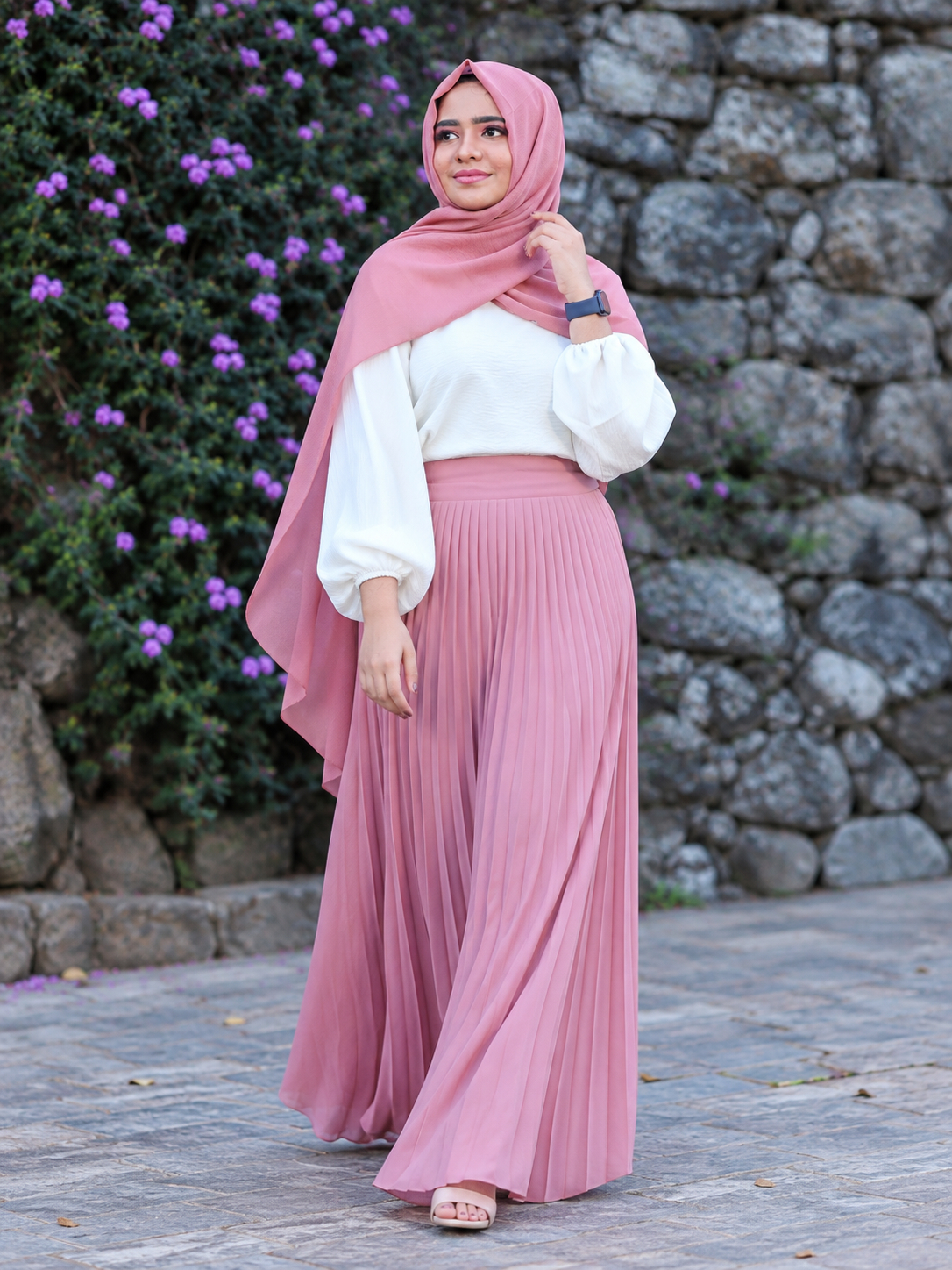 Dusty Rose Pleated Skirt & Hijab Modest Set -0926133