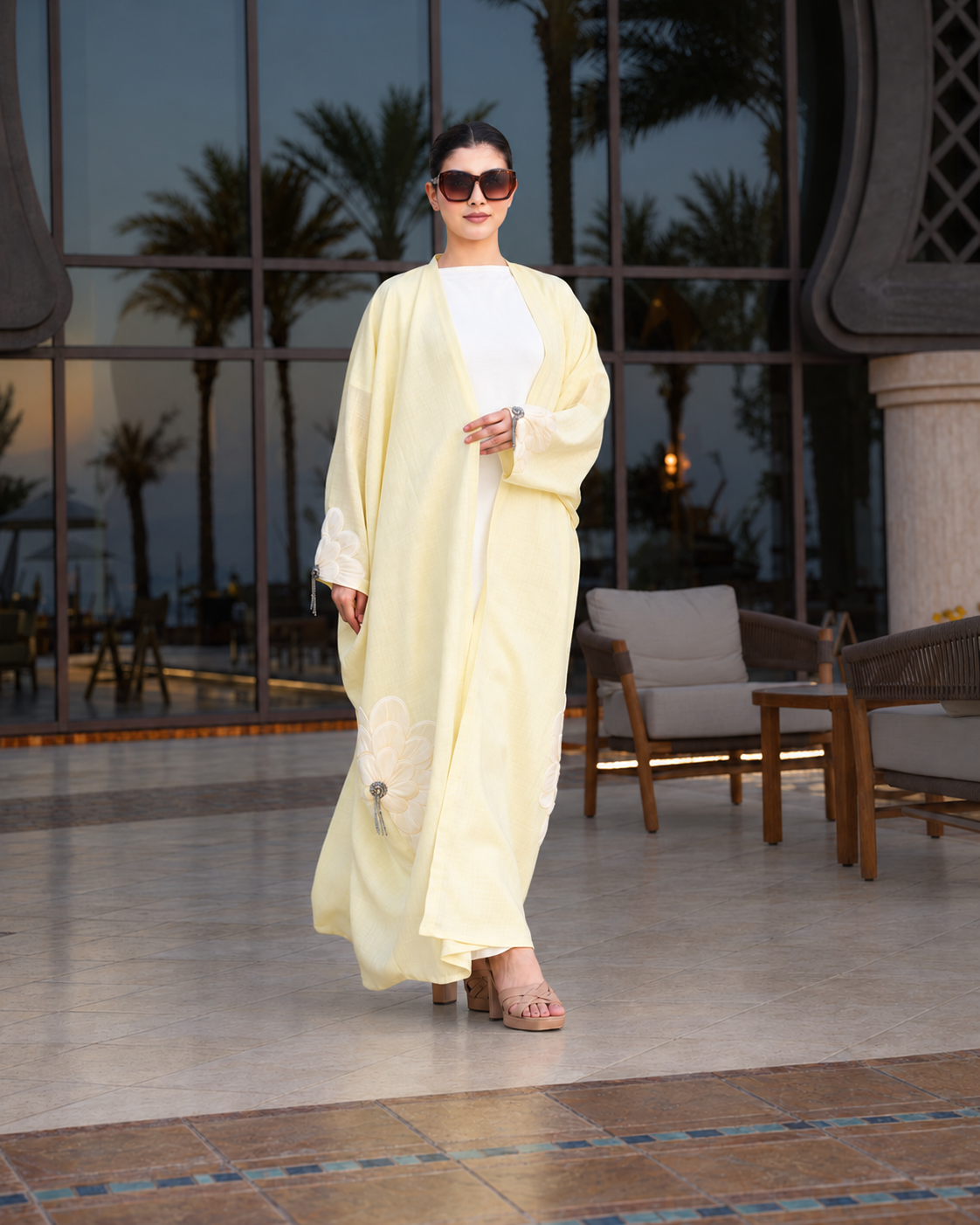Buttercream yellow 3D Flower Embellished Abaya - 0926176