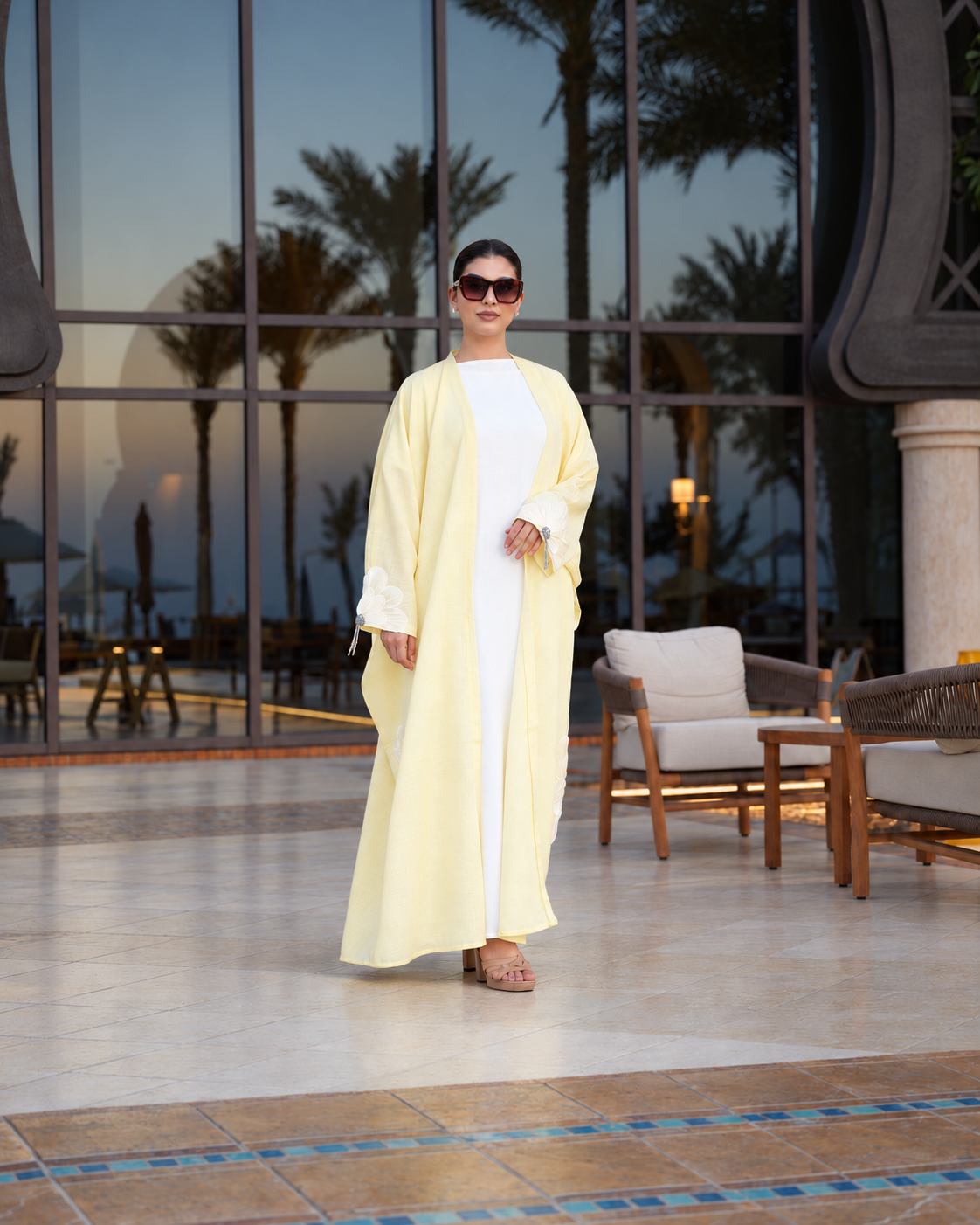 Buttercream yellow 3D Flower Embellished Abaya - 0926176