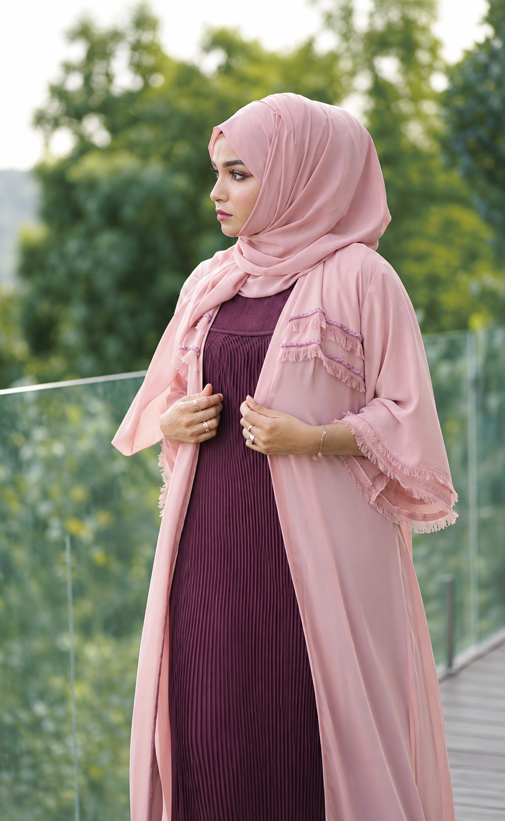 Blush Pink Chiffon Abaya Set with Pleated Inner & Hijab - 0926183