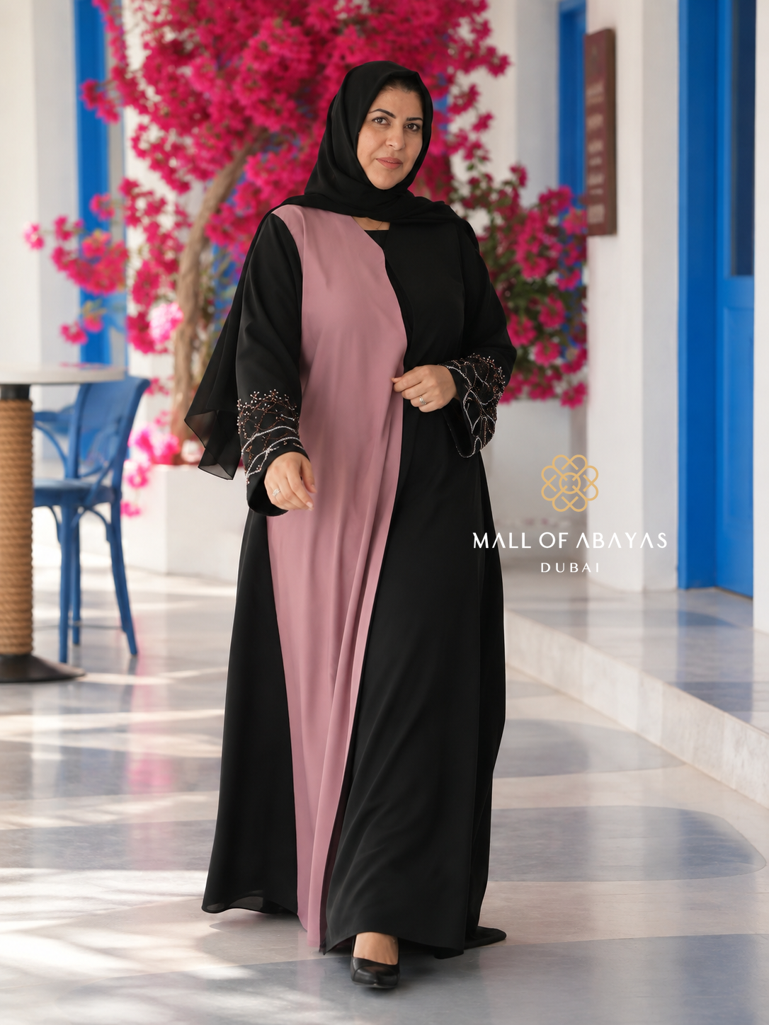 Rose Noir Embellished Two-Tone Abaya – Black & Dusty Rose - 092616
