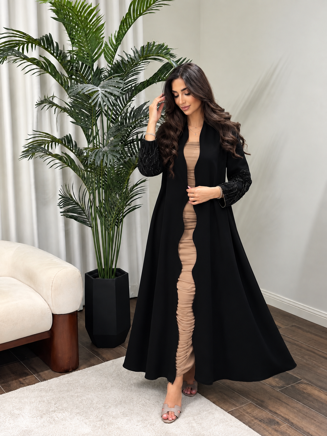 Black Hooded Open-Front Abaya with Beaded Sleeve - 0926113