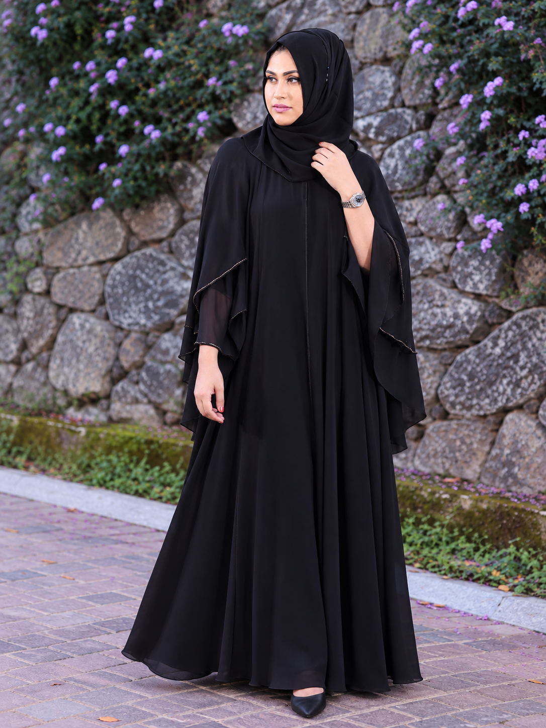 Black Layered Butterfly Sleeve Abaya - 0926134