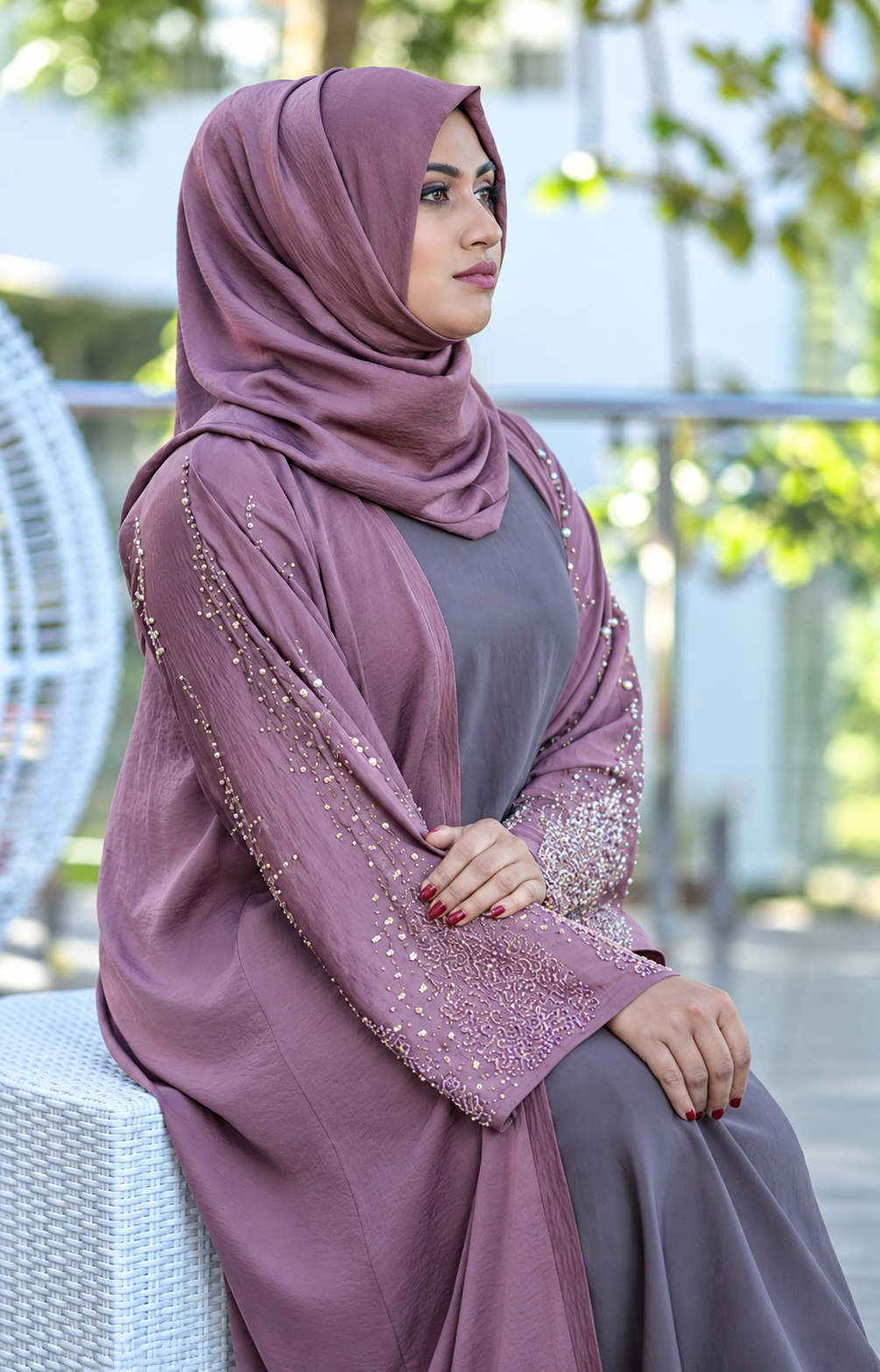 Dusty Mauve Embellished Open Abaya Set -0926137
