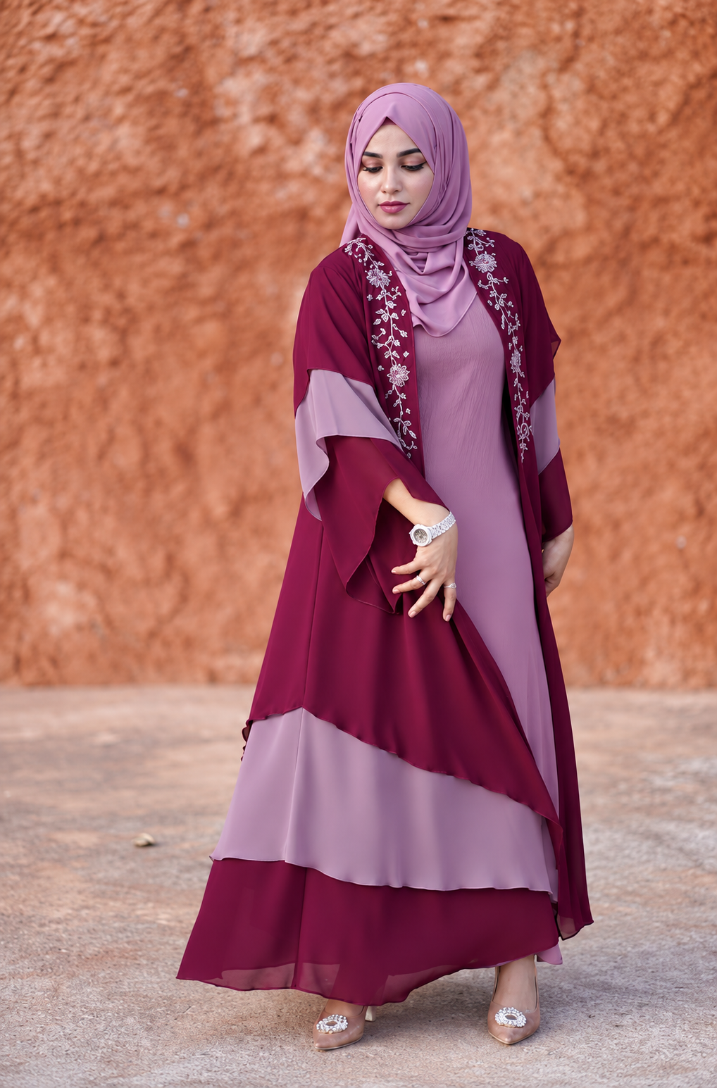 Burgundy & Lilac Layered Abaya Set - 0926182