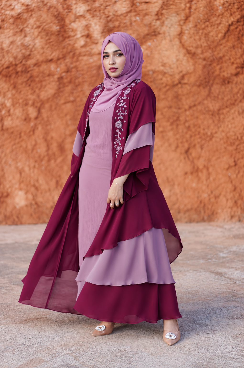 Burgundy & Lilac Layered Abaya Set - 0926182