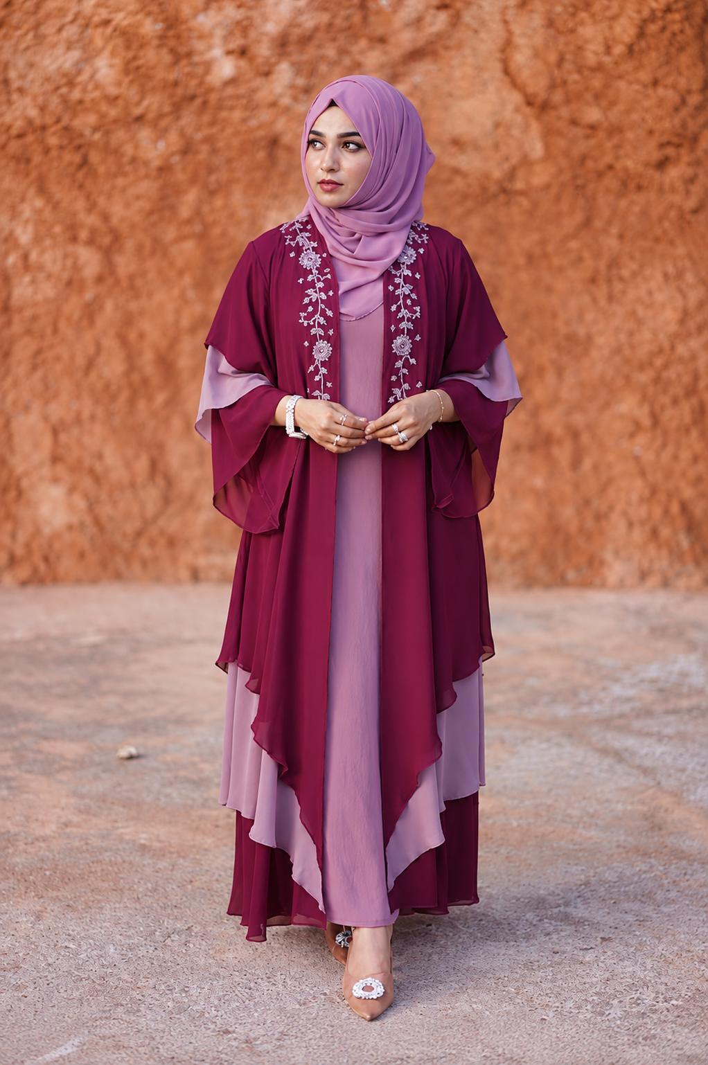 Burgundy & Lilac Layered Abaya Set - 0926182