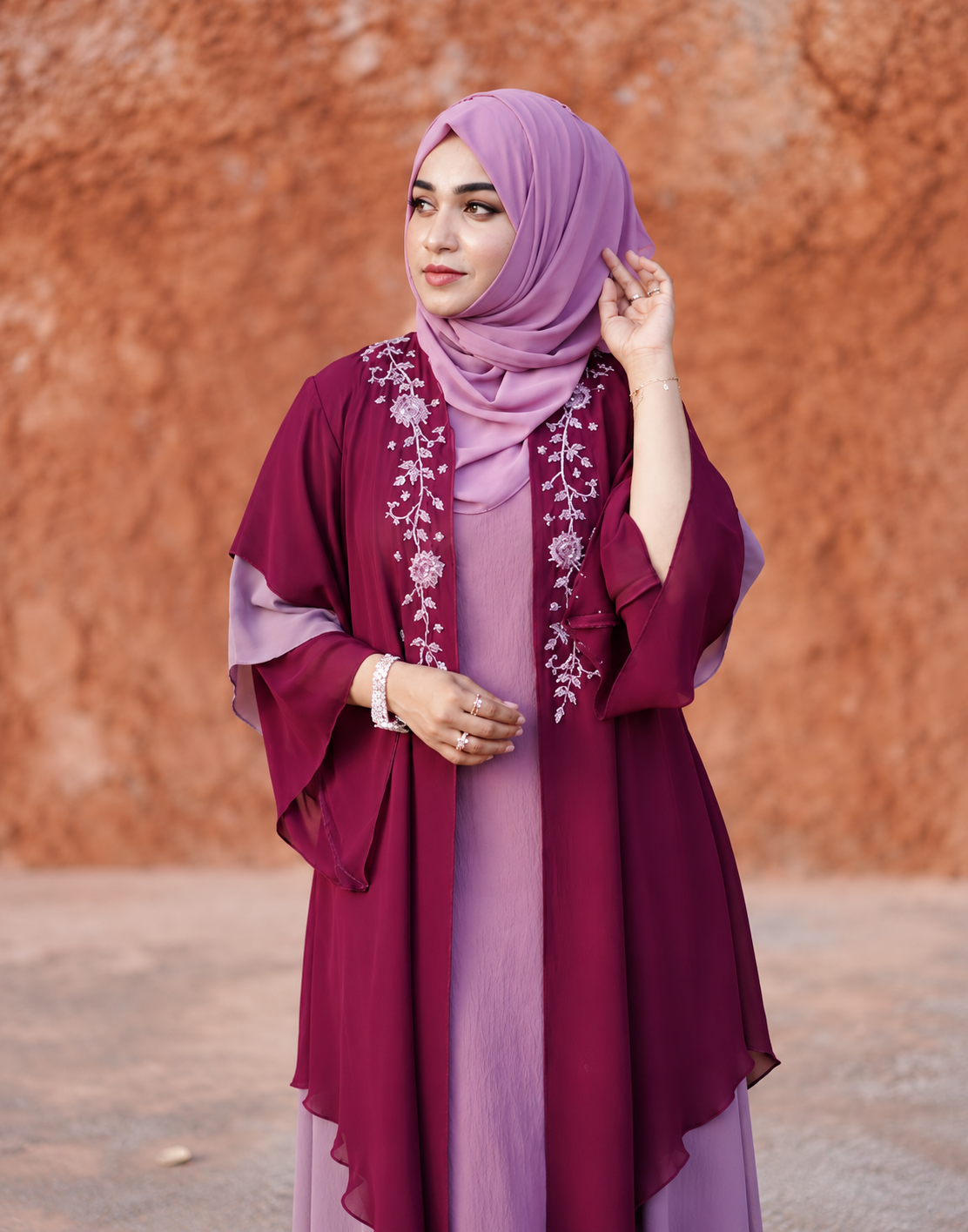 Burgundy & Lilac Layered Abaya Set - 0926182