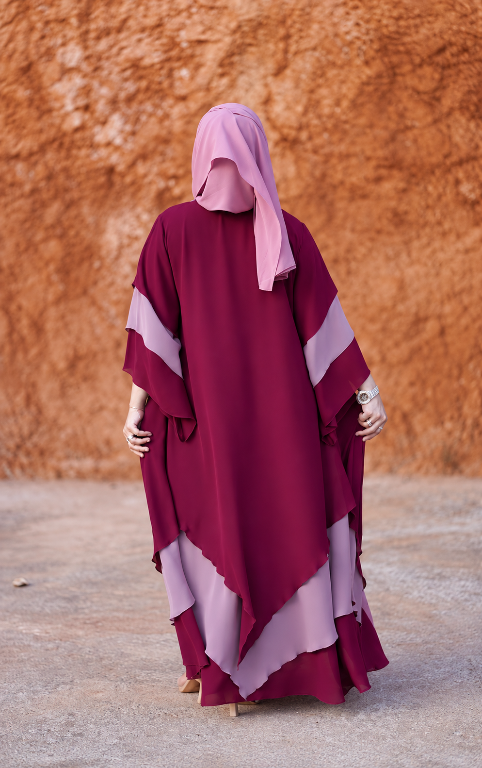 Burgundy & Lilac Layered Abaya Set - 0926182
