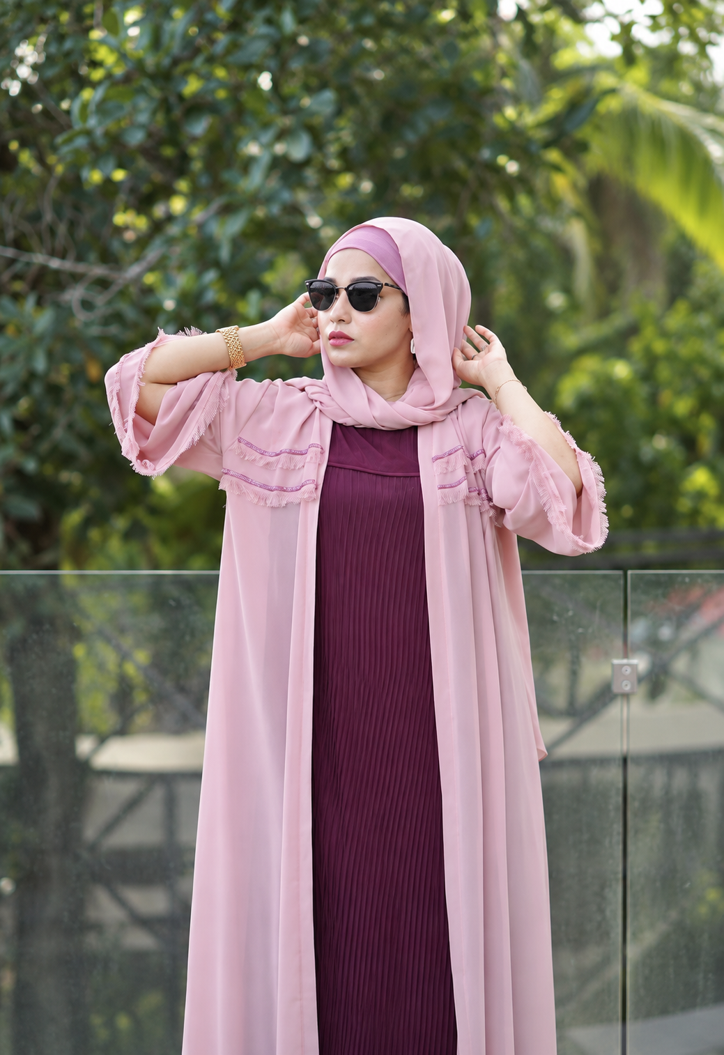 Blush Pink Chiffon Abaya Set with Pleated Inner & Hijab - 0926183