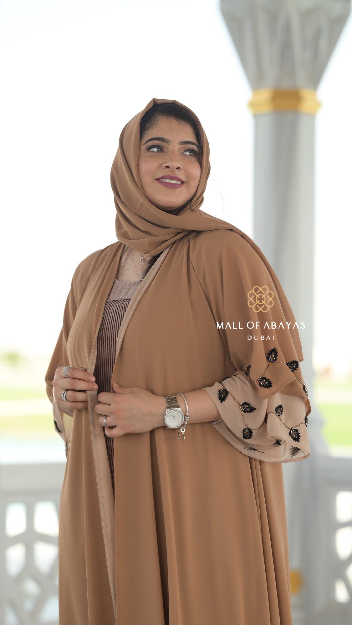 Mocha Chiffon Abaya with Harir Inner - 092628