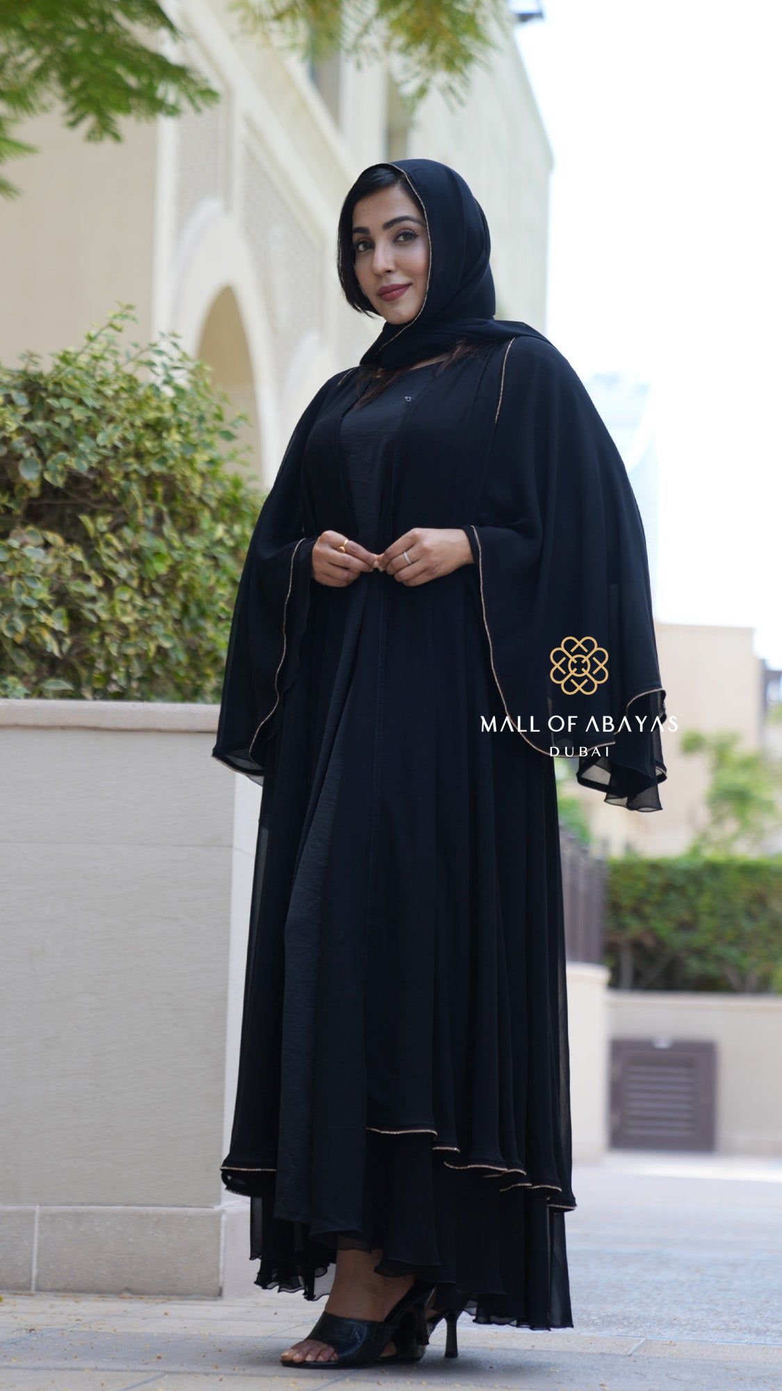 Black Gold-Trimmed Layered Abaya Set - 092630