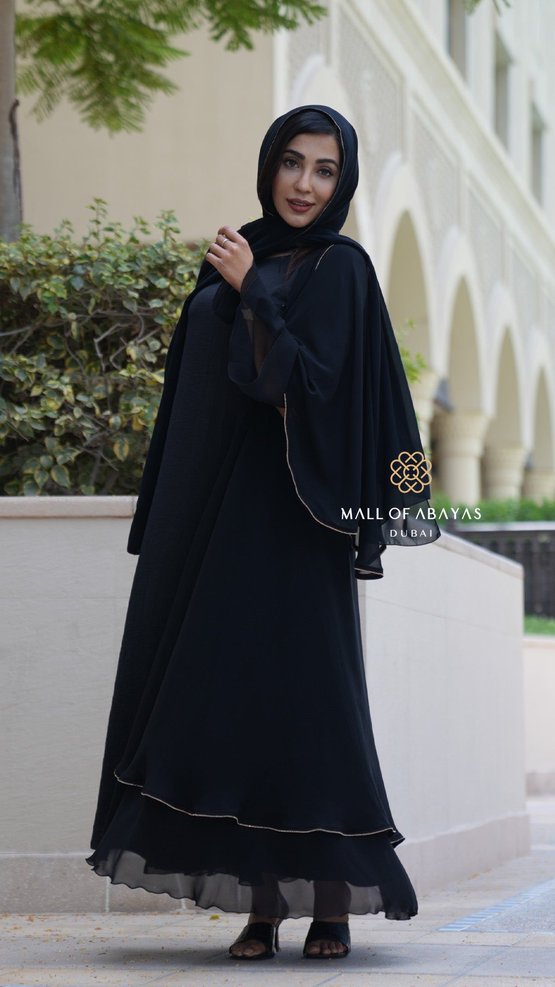 Black Gold-Trimmed Layered Abaya Set - 092630