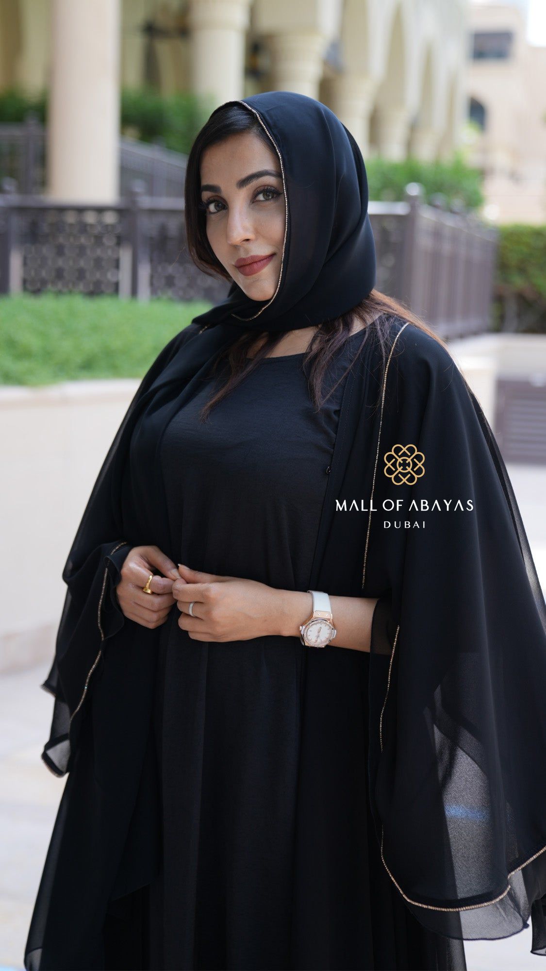 Black Gold-Trimmed Layered Abaya Set - 092630