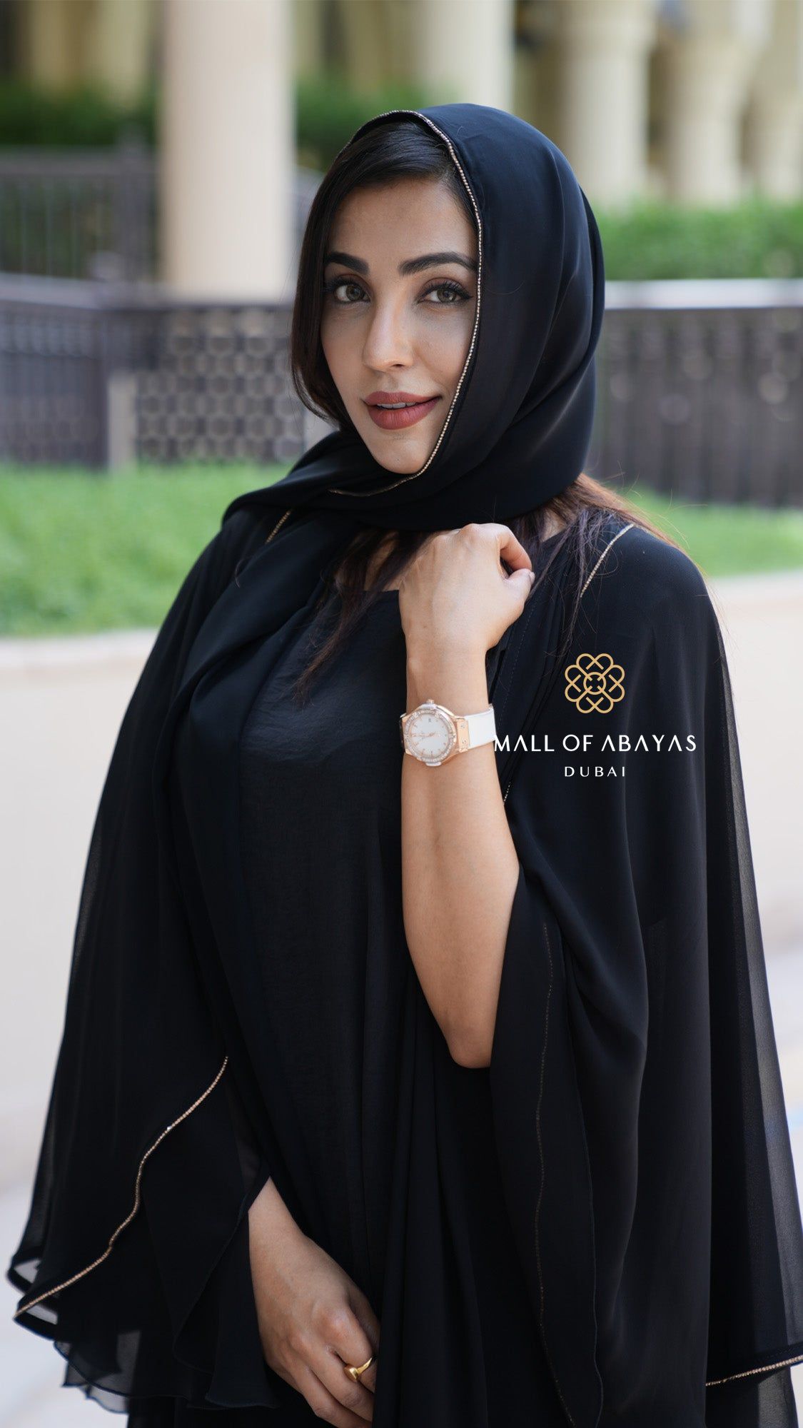 Black Gold-Trimmed Layered Abaya Set - 092630
