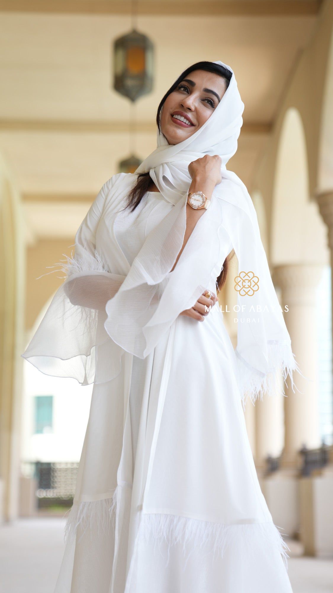 White Feather-Trimmed Layered Abaya Set - 092629