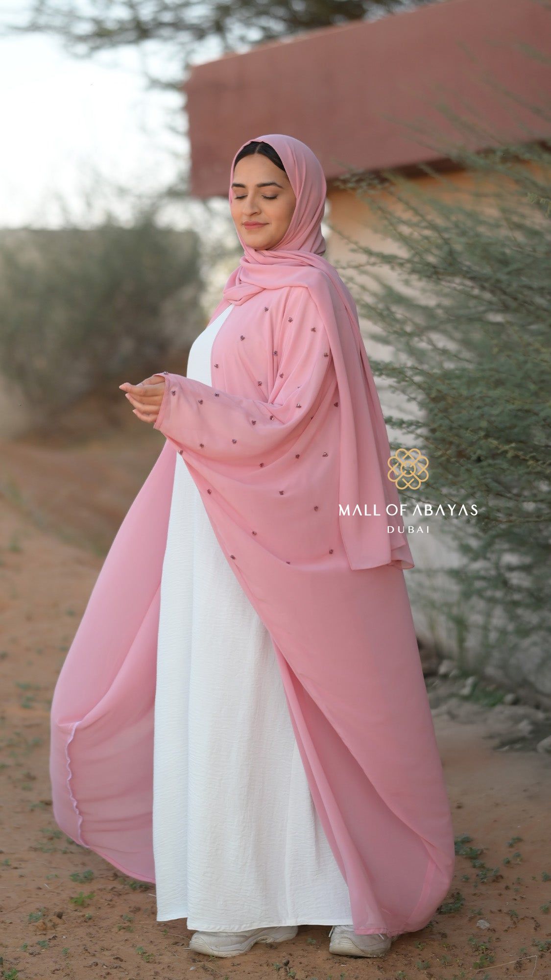 Pink Embellished Layered Abaya Set - 092631