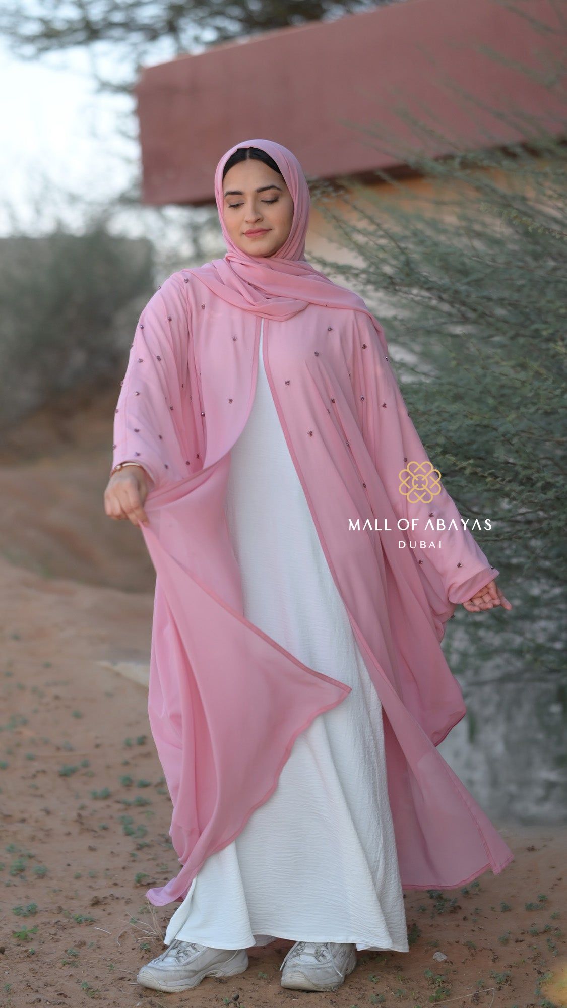 Pink Embellished Layered Abaya Set - 092631