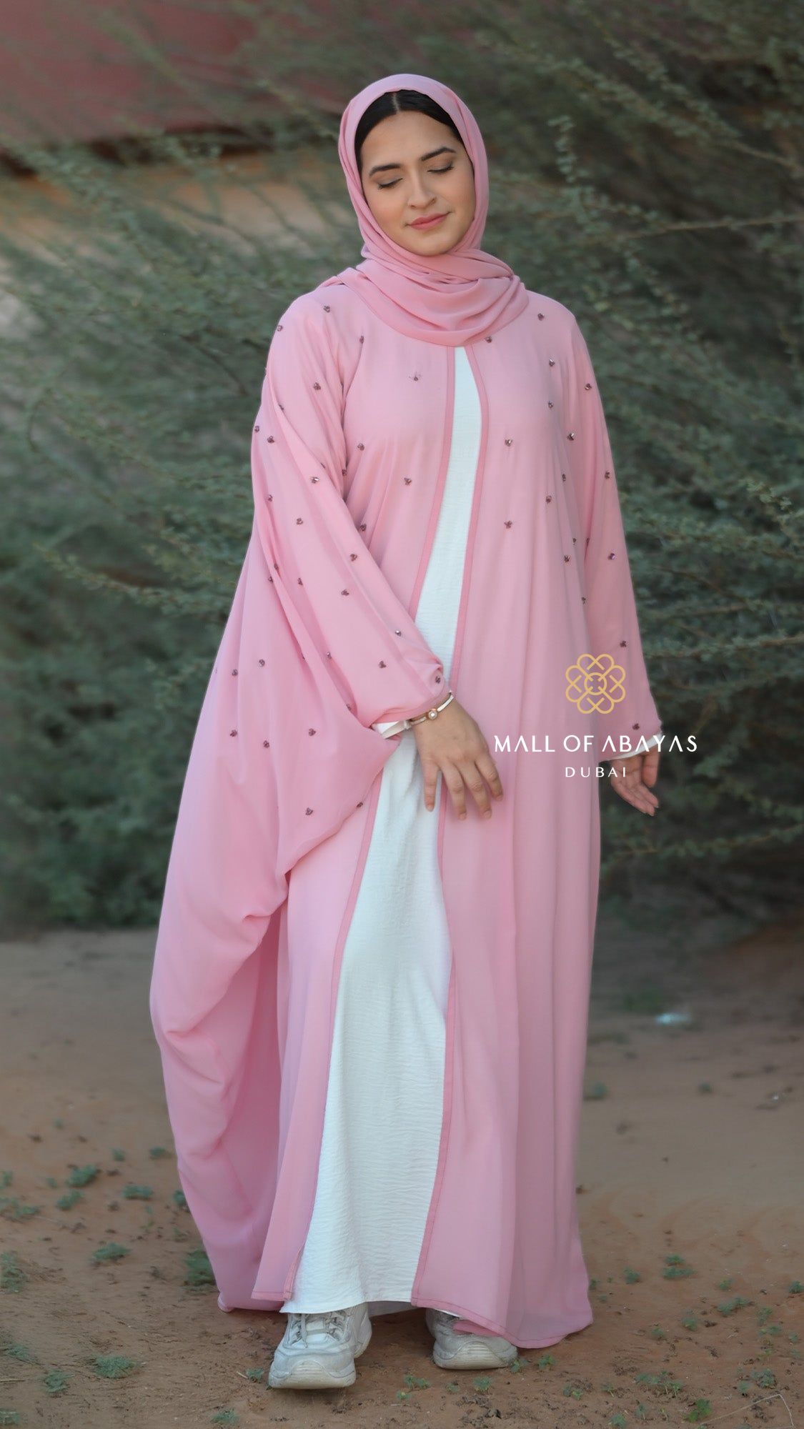 Pink Embellished Layered Abaya Set - 092631