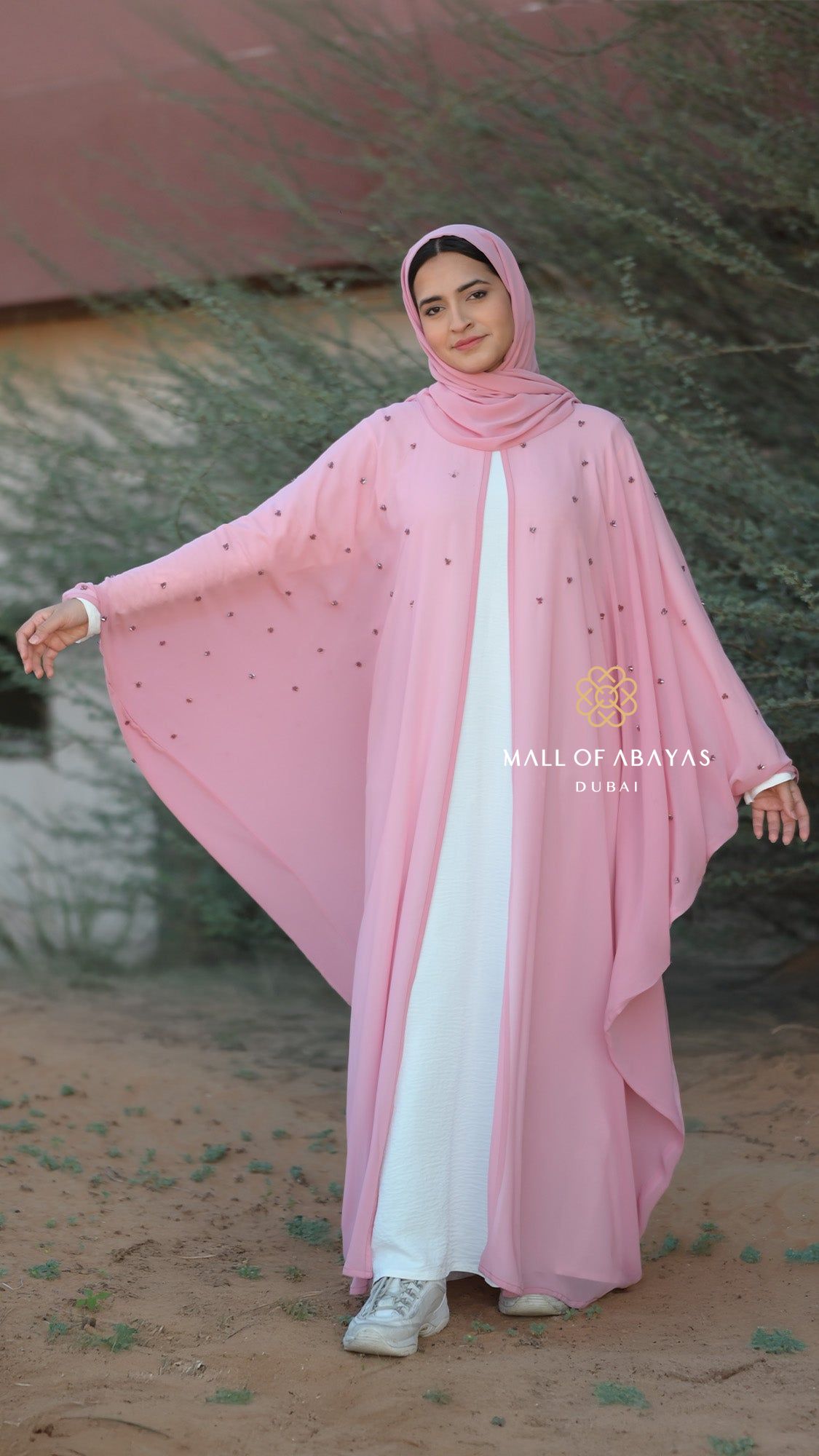 Pink Embellished Layered Abaya Set - 092631