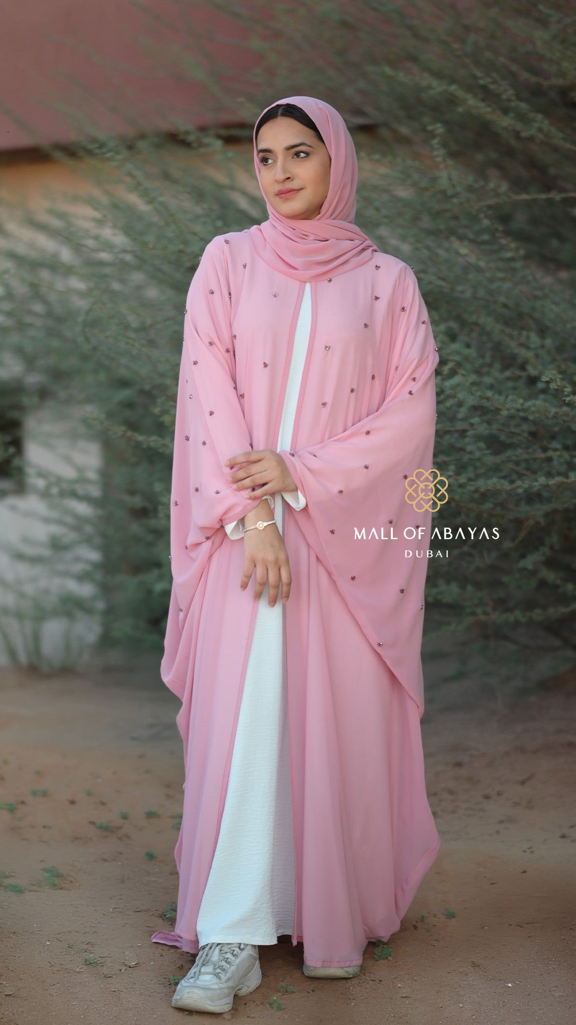 Pink Embellished Layered Abaya Set - 092631