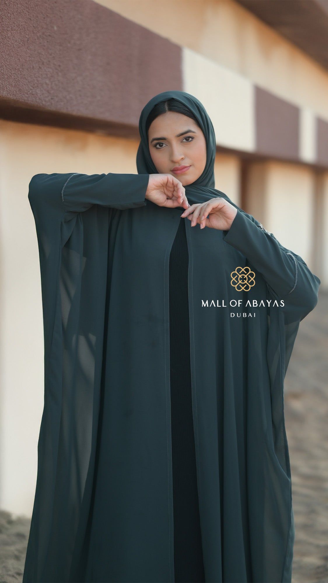 Deep Teal Embellished Layered Abaya - 092632