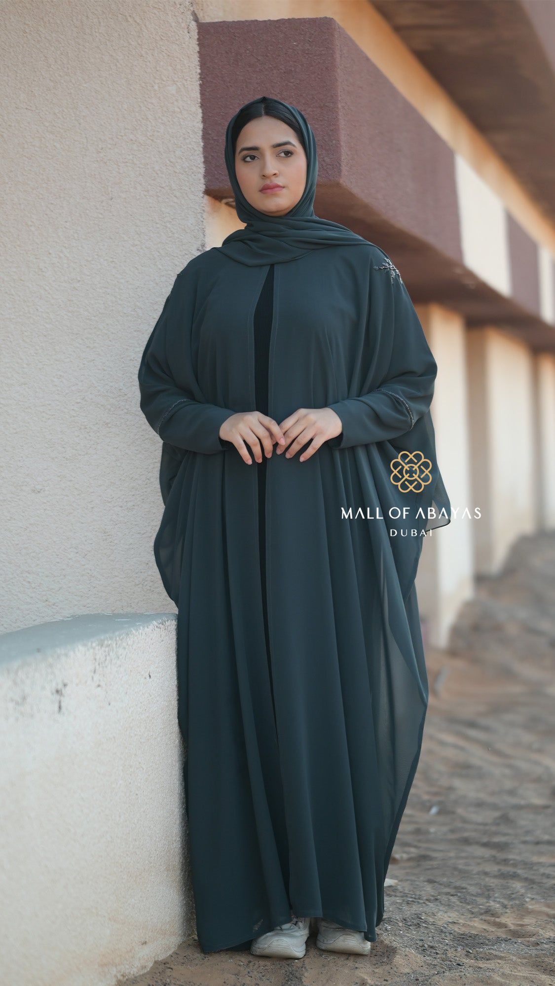 Deep Teal Embellished Layered Abaya - 092632