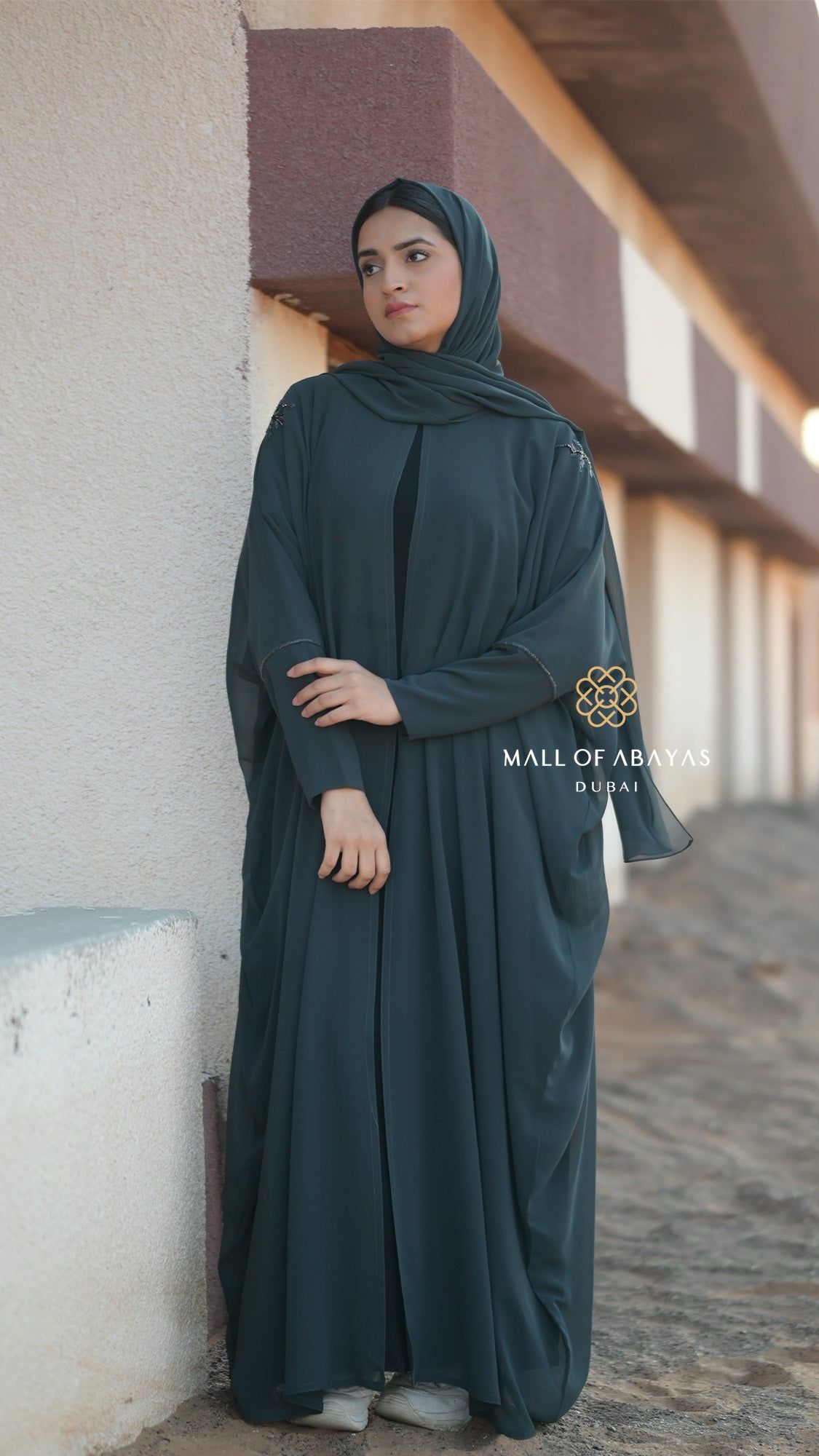 Deep Teal Embellished Layered Abaya - 092632