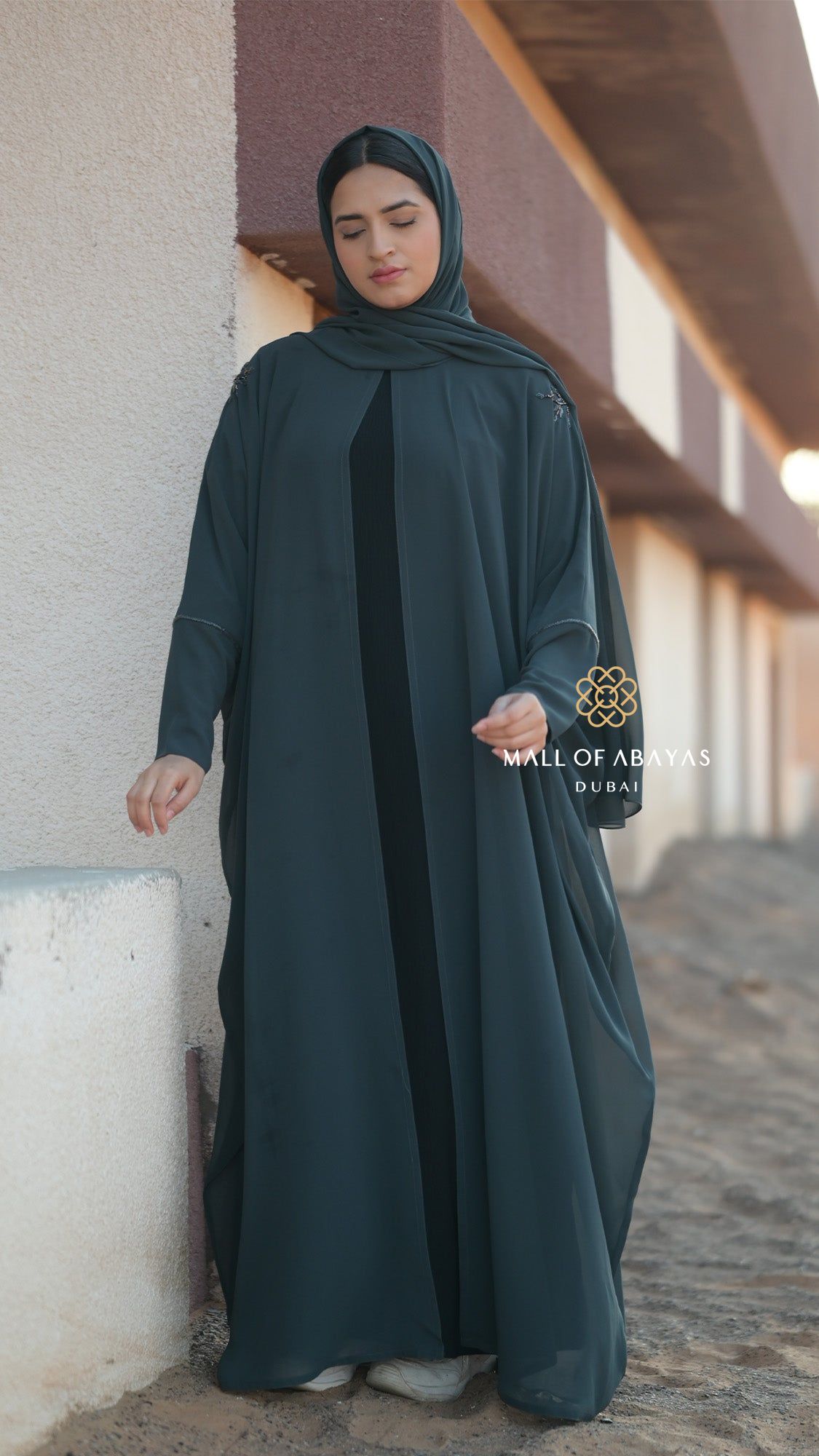 Deep Teal Embellished Layered Abaya - 092632