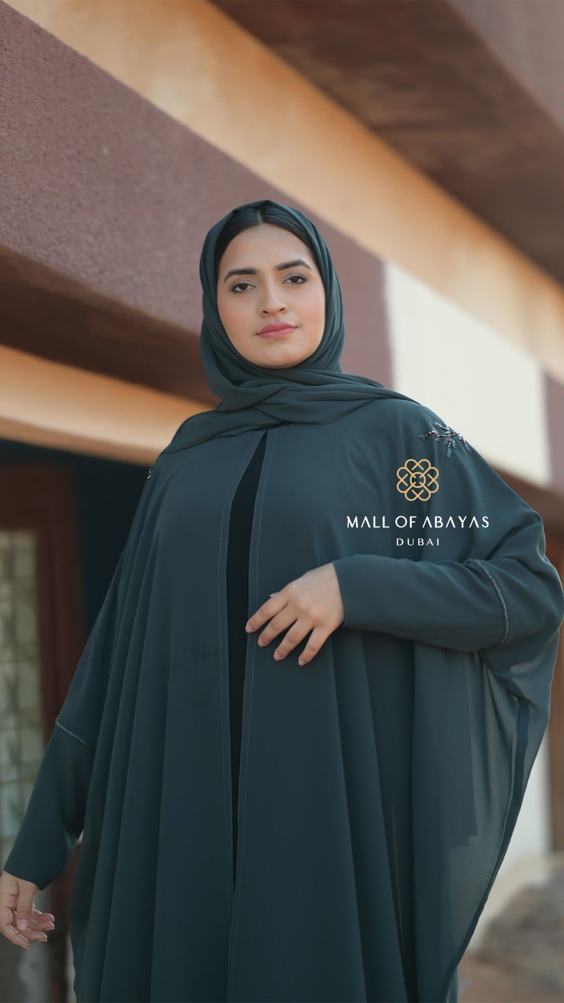 Deep Teal Embellished Layered Abaya - 092632
