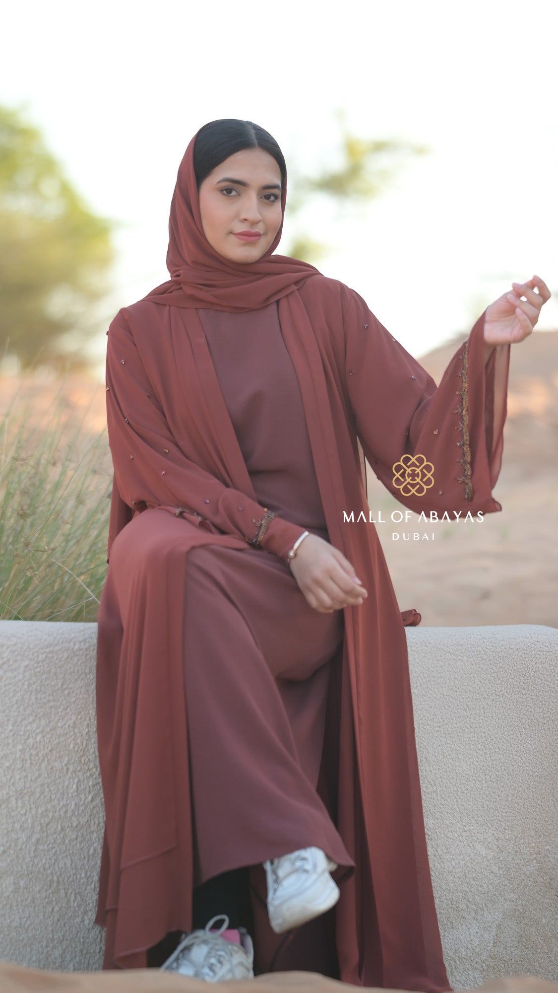Rust Rose Embellished Layered Abaya Set - 092637