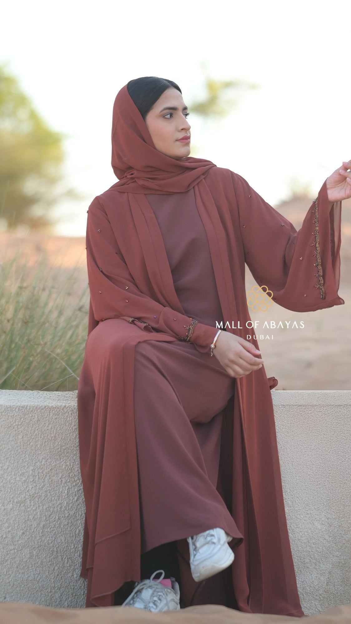 Rust Rose Embellished Layered Abaya Set - 092637