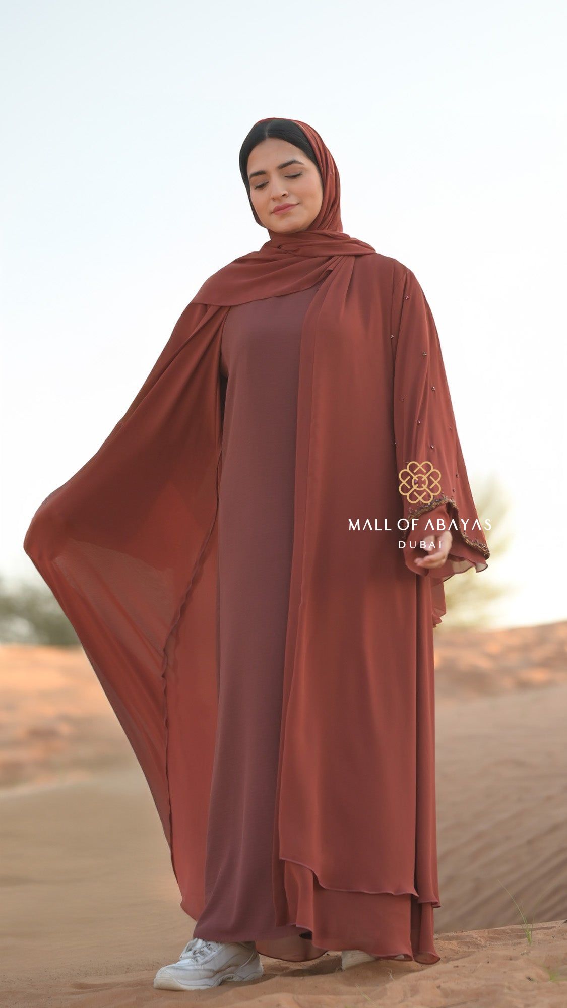 Rust Rose Embellished Layered Abaya Set - 092637