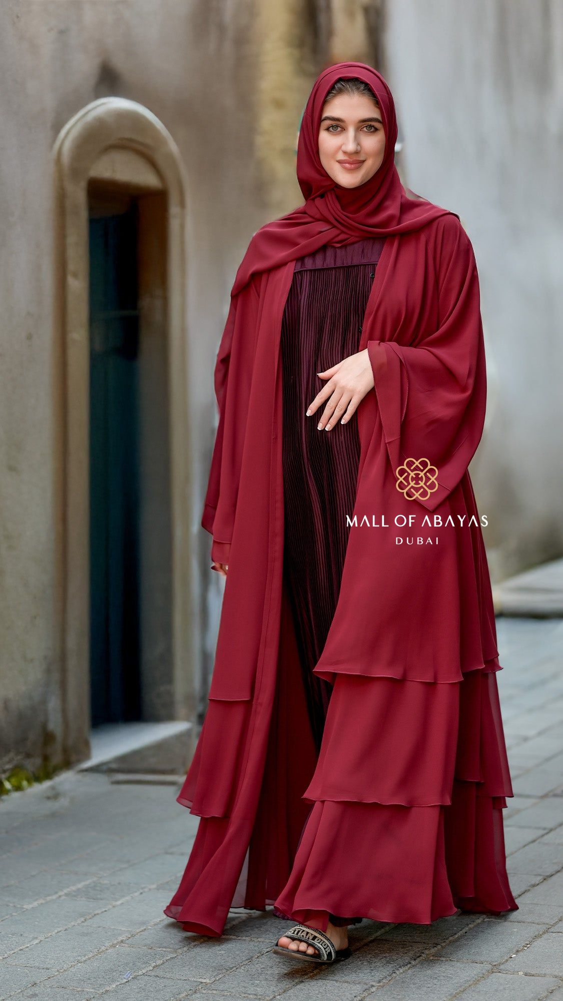 Burgundy Pleated Layered Abaya – Wine - 092620