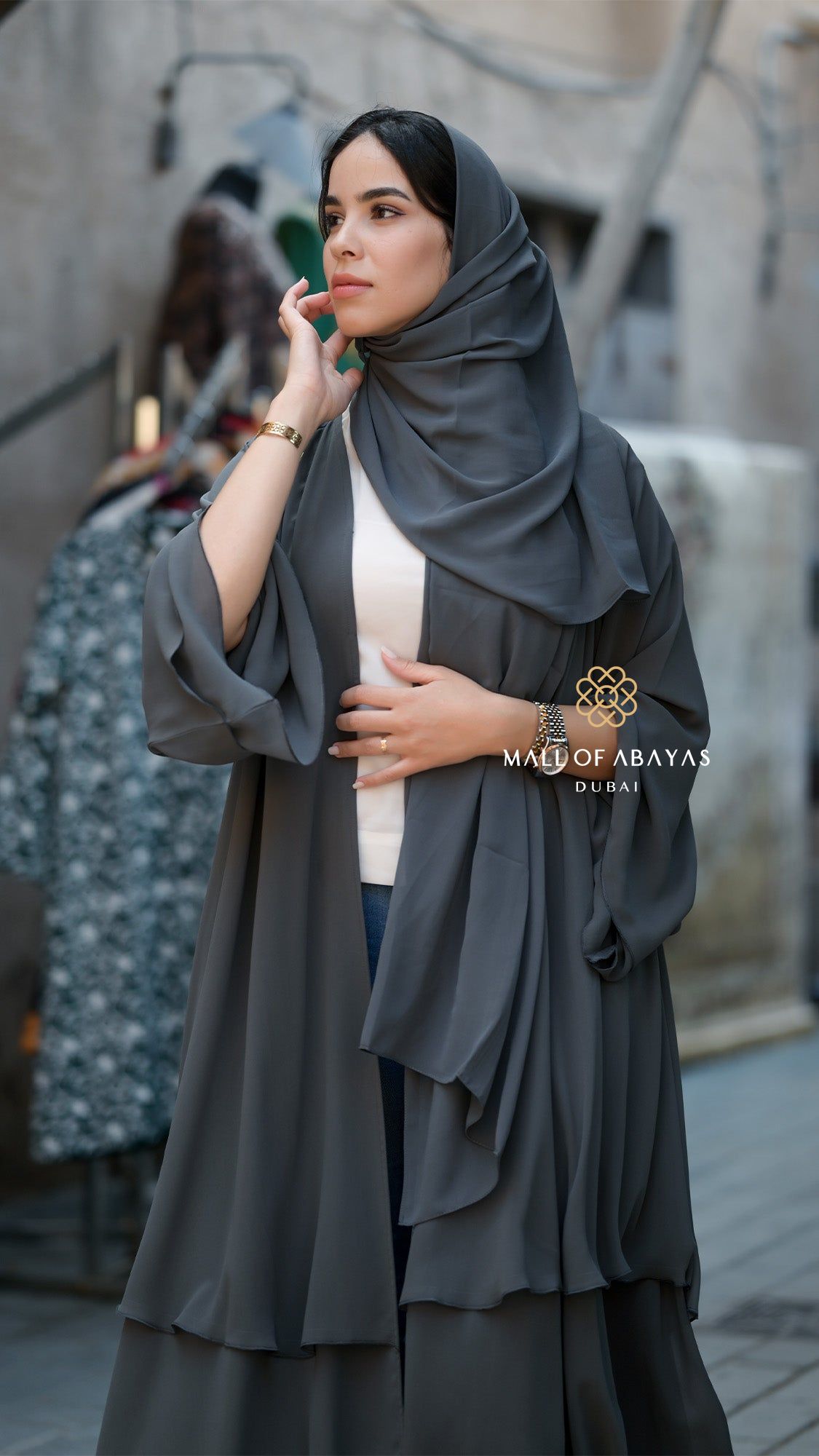 Slate Grey Flowing Layered Abaya – Charcoal Grey - 092621