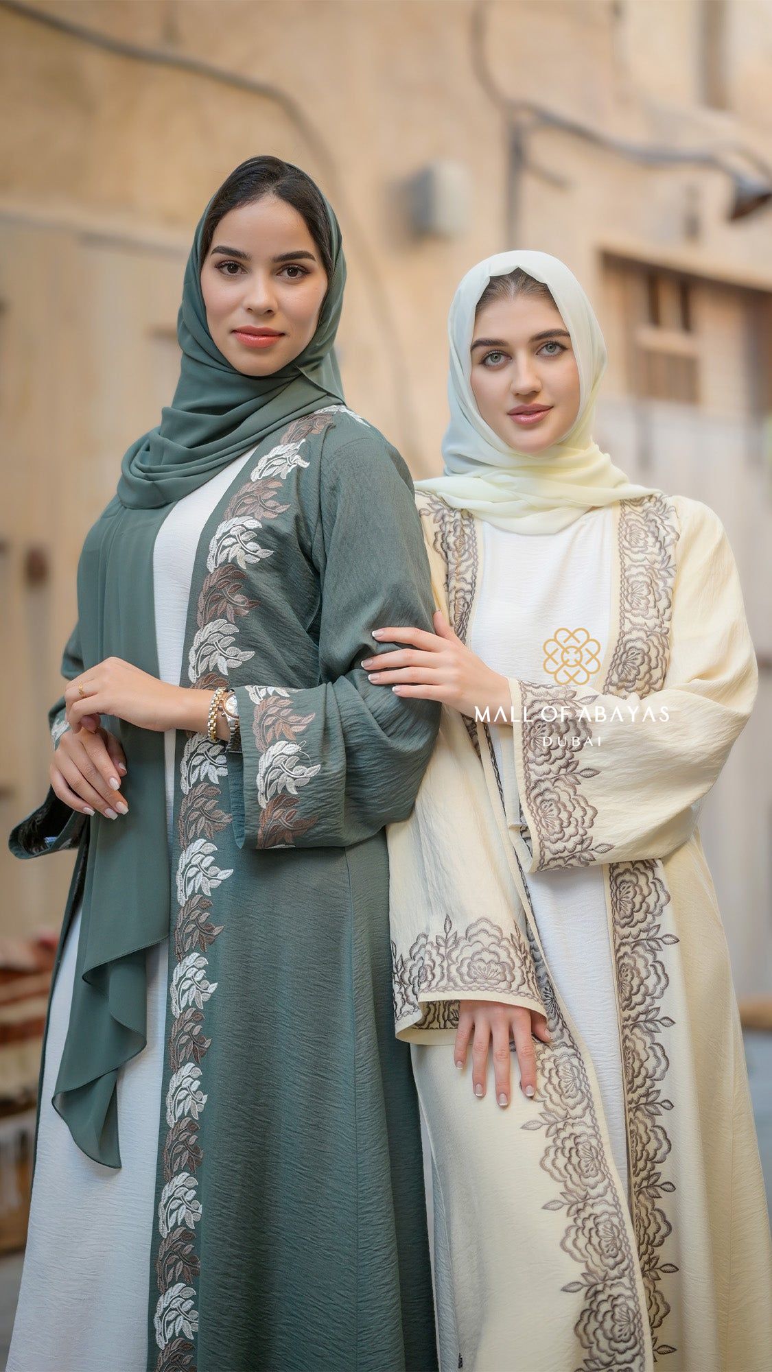 MOA Embroidered Duo Abaya Set – Sage Green & Ivory - 092624