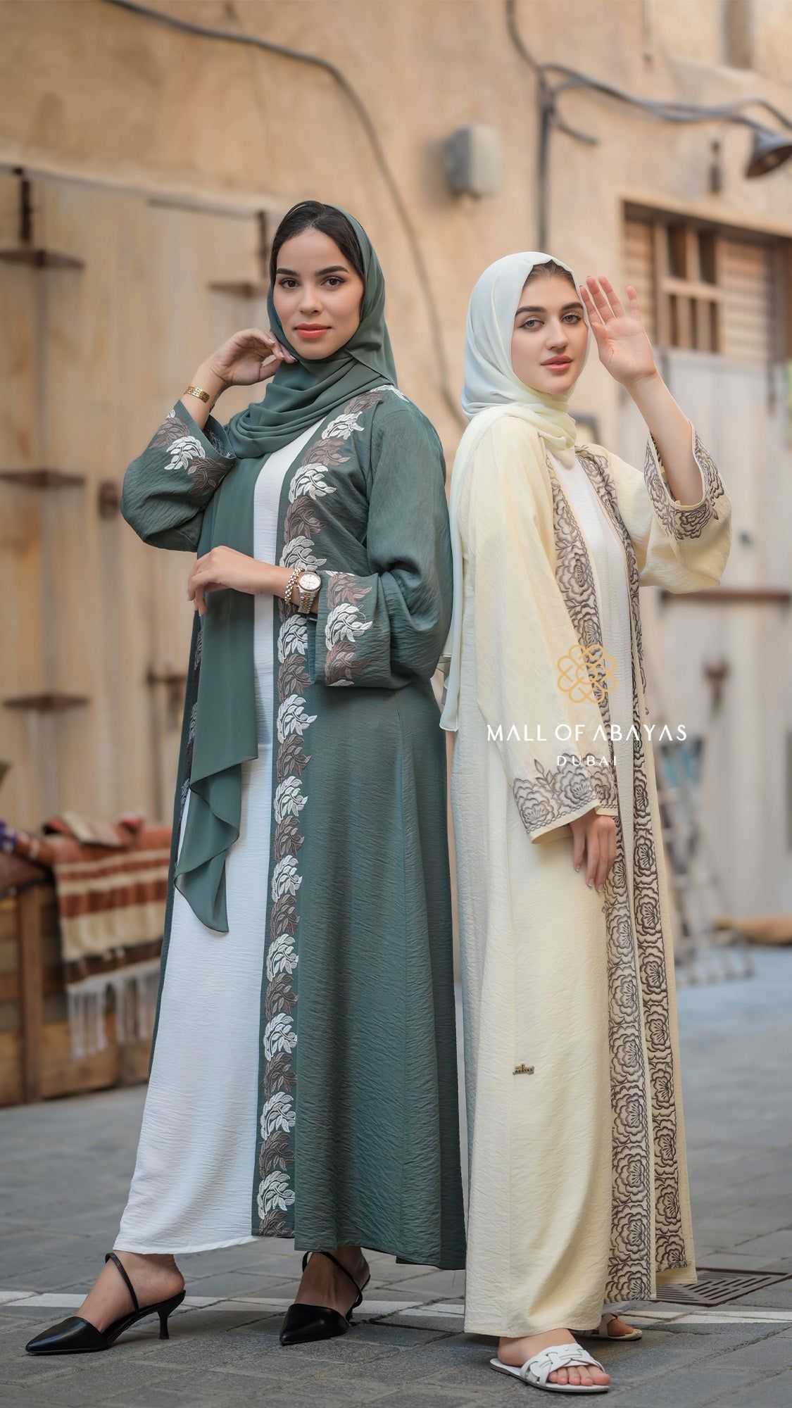 MOA Embroidered Duo Abaya Set – Sage Green & Ivory - 092624