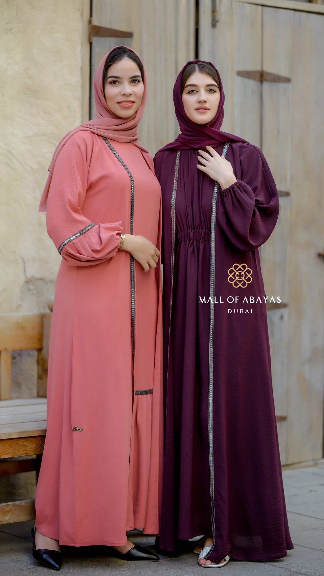 MOA Coral Pink & Burgundy Embellished Duo Abaya Set - 092625