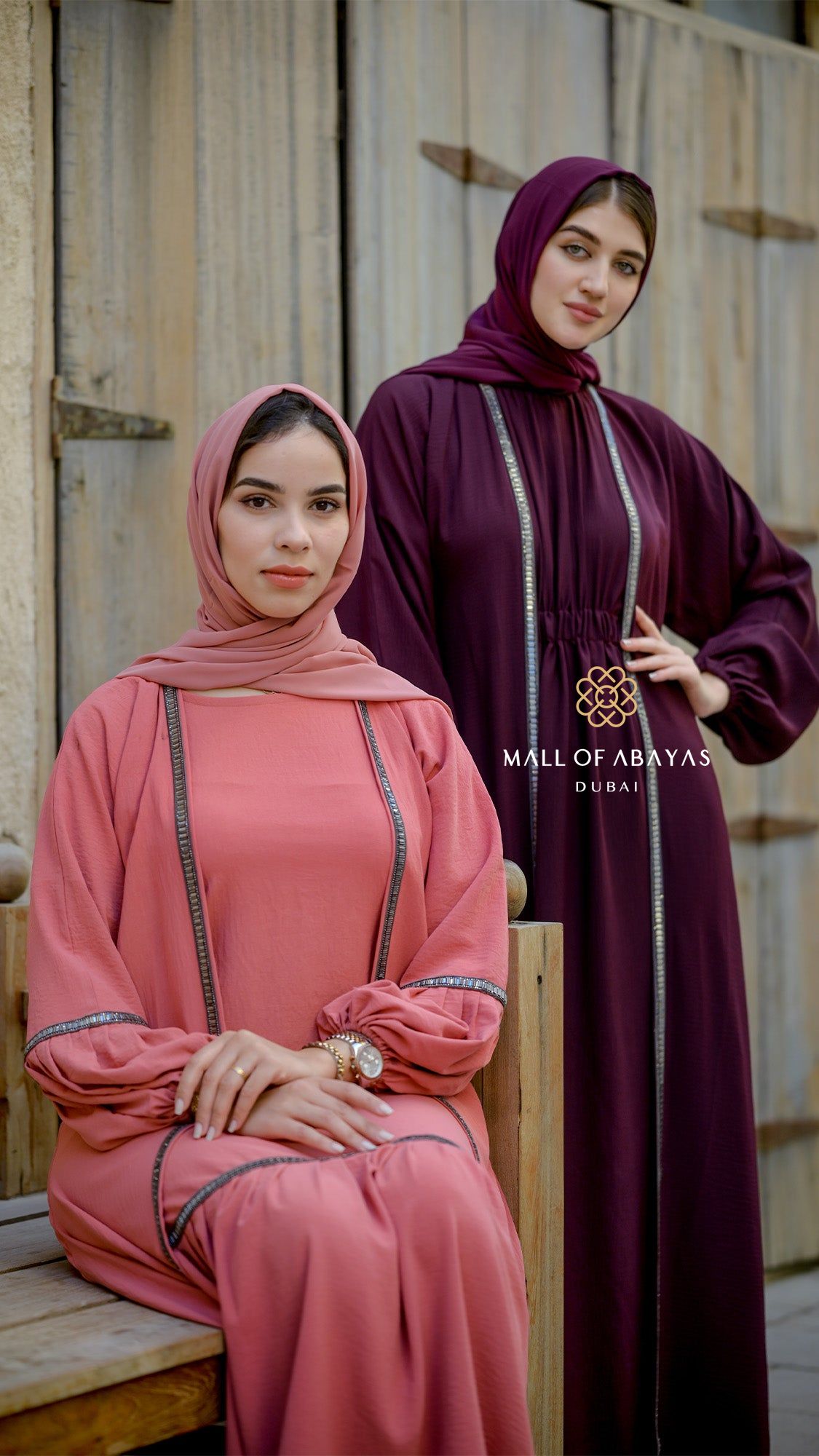 MOA Coral Pink & Burgundy Embellished Duo Abaya Set - 092625