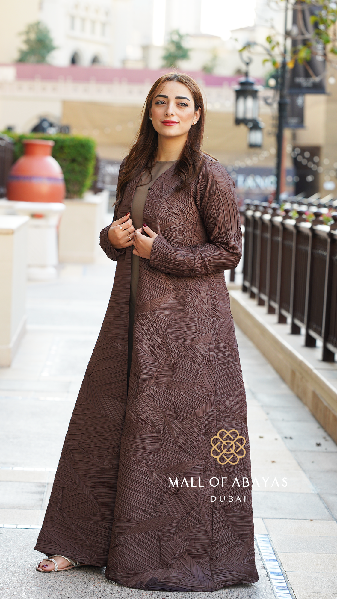 Mocha Textured Geometric Abaya Set - 092660